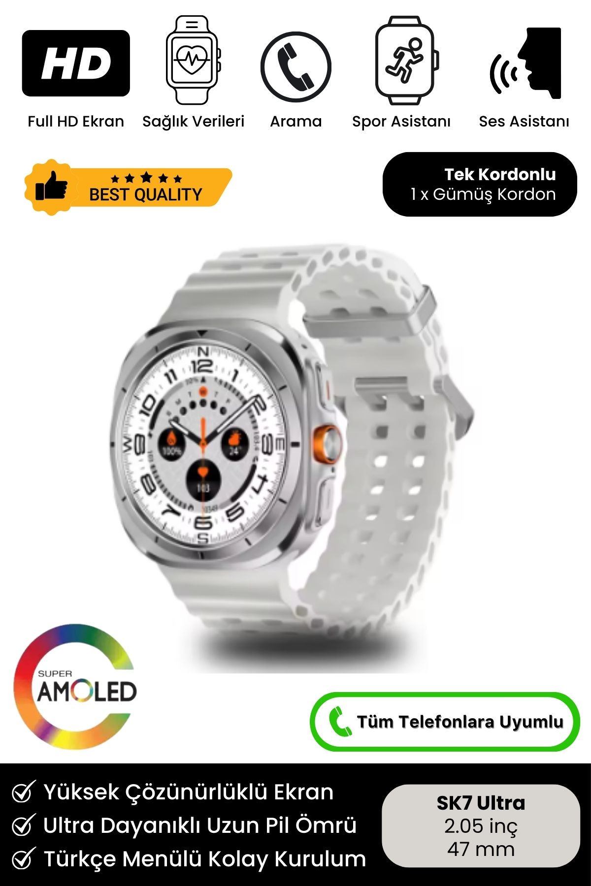 Premium Amoled Ekran Full Hd Babalar Günü Hediyesi Ios Android Uyumlu Sk7 Ultra Akıllı Saat