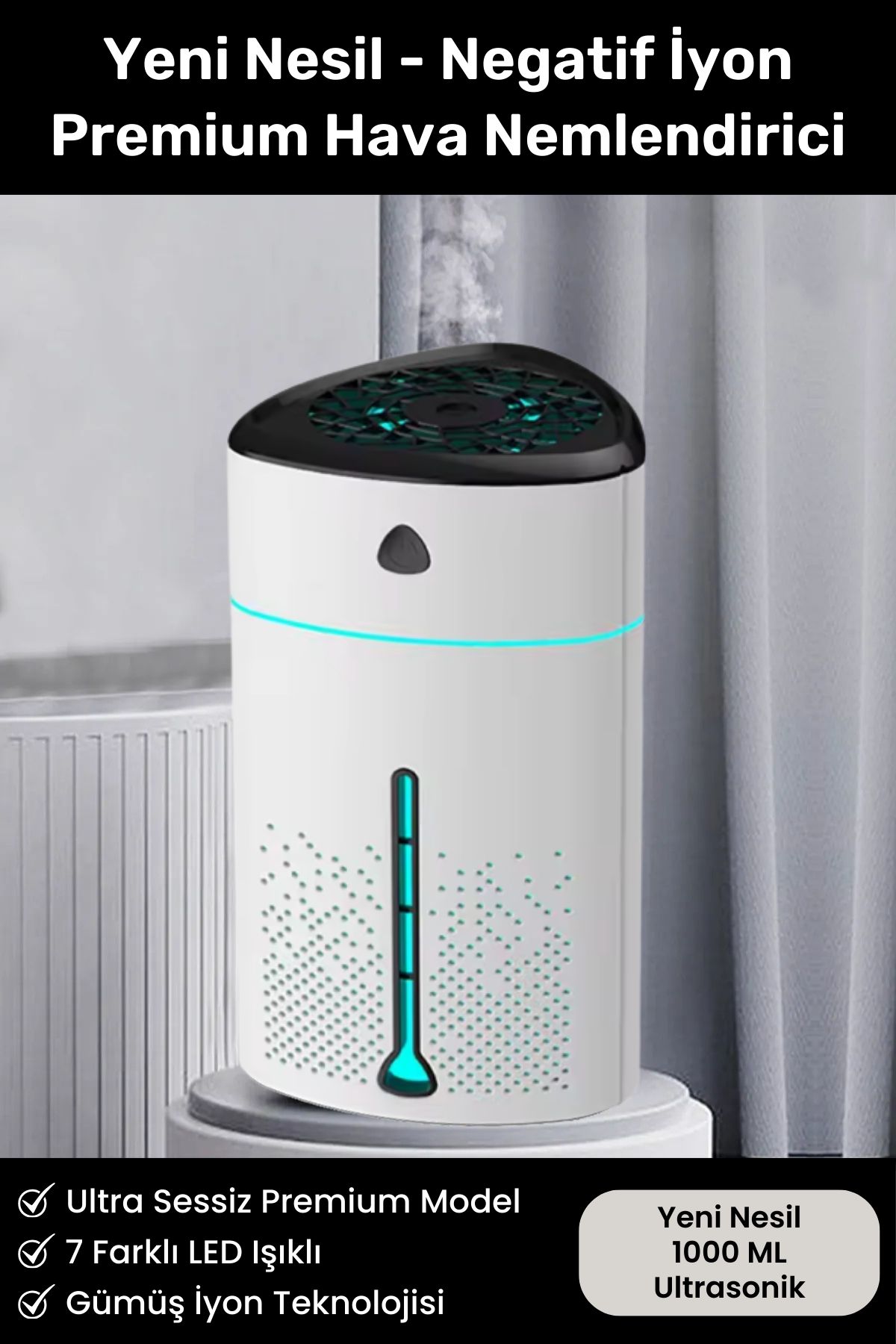 Yeni Nesil Negatif İyon Büyük 1000 ML Ultrasonik Hava Nemlendirici Lüks Buhar Makinesi Aroma Difüzör