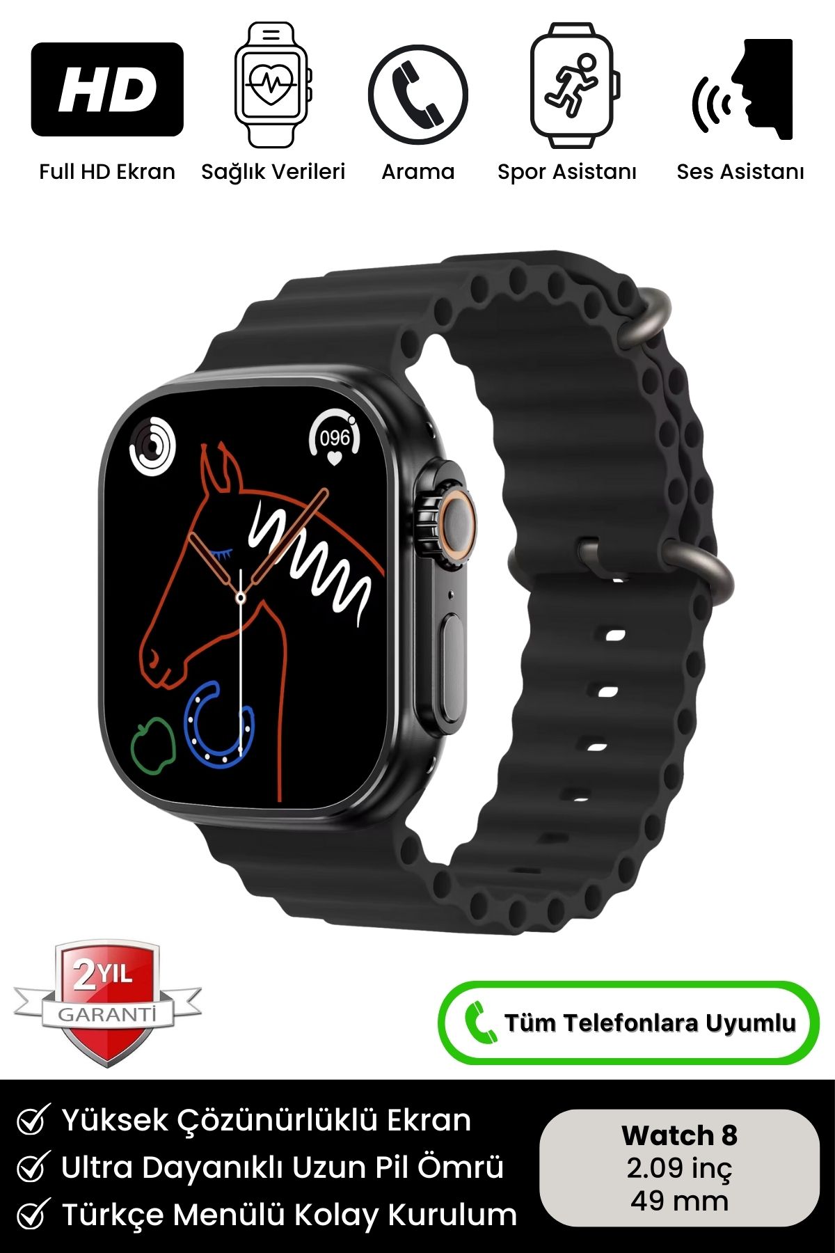 Watch 8 Ultra iOS Android Uyumlu 2.09 Inç Çift Kordonlu Spor Ve Sağlık Sensörlü Siyah Akıllı Saat