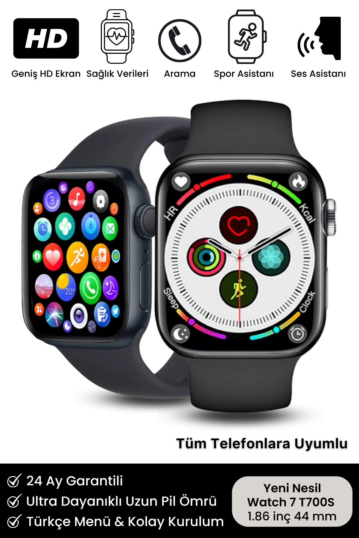Yeni Nesil Watch 7 iOS Android Uyumlu Spor Ve Sağlık Sensörlü Bluetooth Aramalı Siyah Akıllı Saat