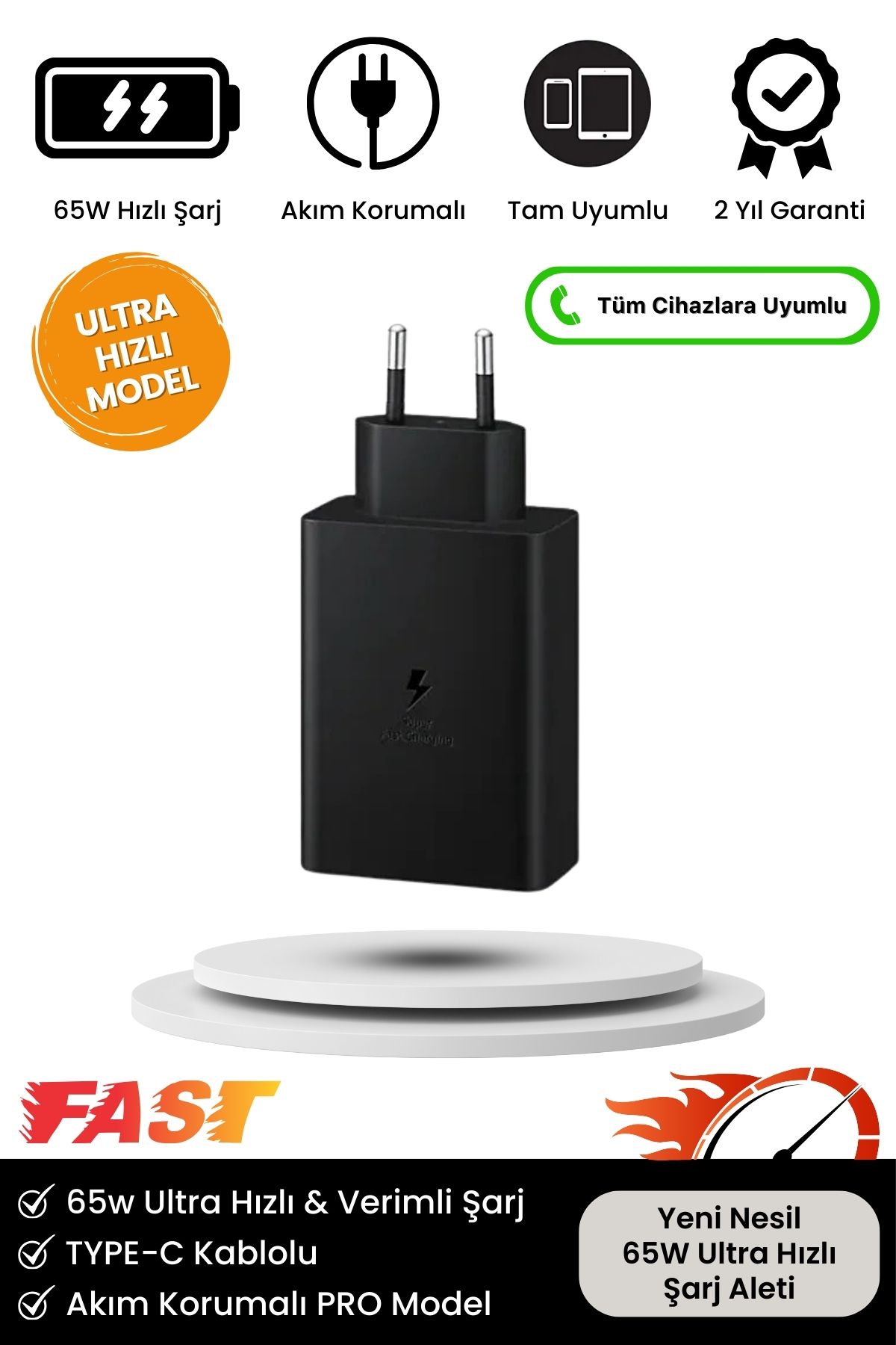 Yeni Nesil 65W Ultra Hızlı Şarj Seti Adaptör + Type C Kablosu iPhone Samsung Realme Vb. Tam Uyumlu