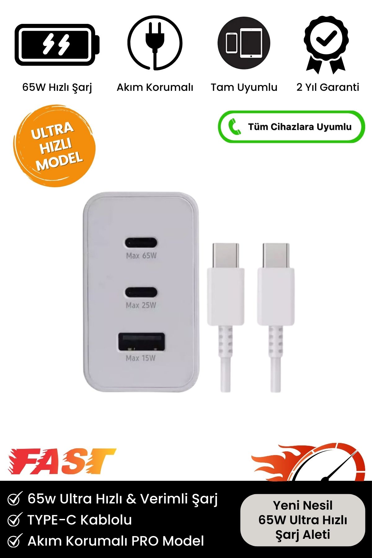 Yeni Nesil 65W Ultra Hızlı Şarj Seti Adaptör + Type C Kablosu iPhone Samsung Realme Vb. Tam Uyumlu