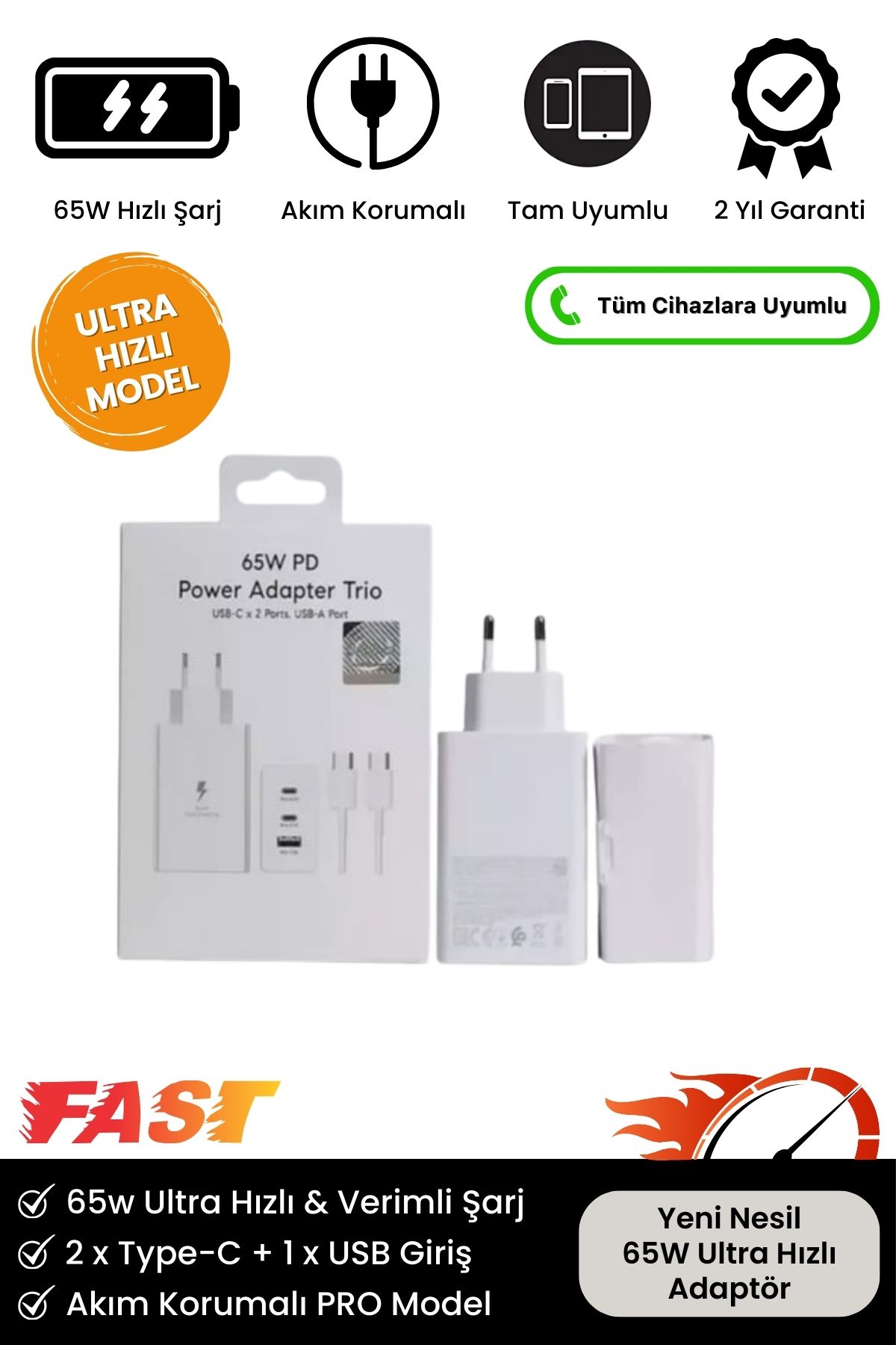 Yeni Nesil 3in1 65W Ultra Hızlı Şarj Tüm Telefonlara Uyumlu Type-C ve USB 3 Girişli Güç Adaptör