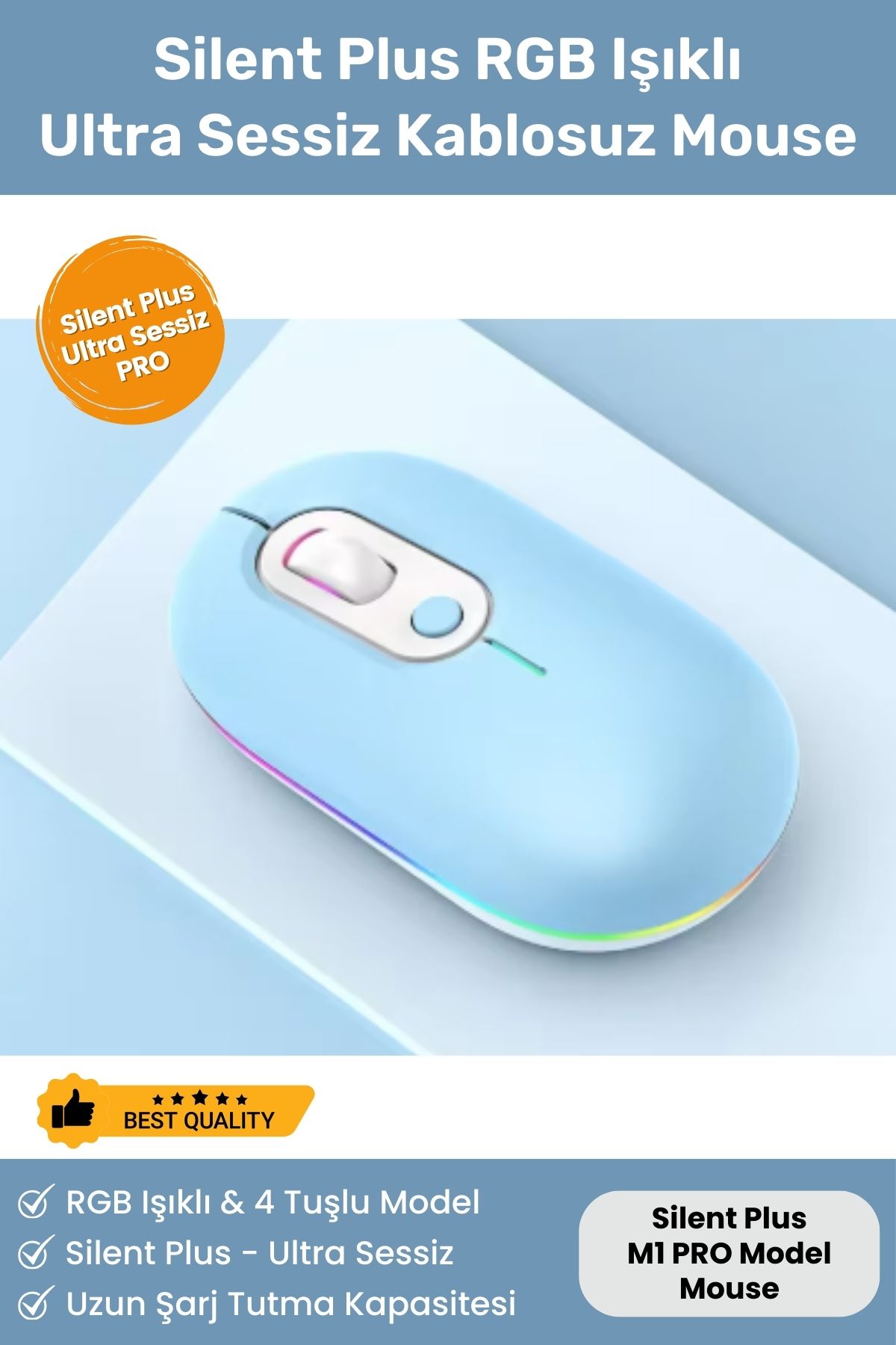 Silent Plus RGB Işıklı Ultra Sessiz 4 Tuşlu USB 2.4G Şarjlı Kablosuz Wireless Bluetooth M1 Mouse