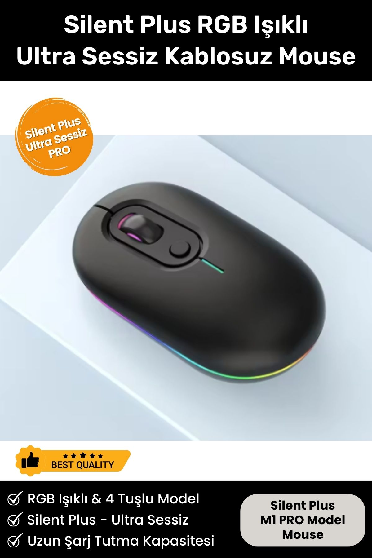 Silent Plus Rgb Işıklı Ultra Sessiz 4 Tuşlu Usb 2.4g Şarjlı Kablosuz Wireless Bluetooth M1 Mouse