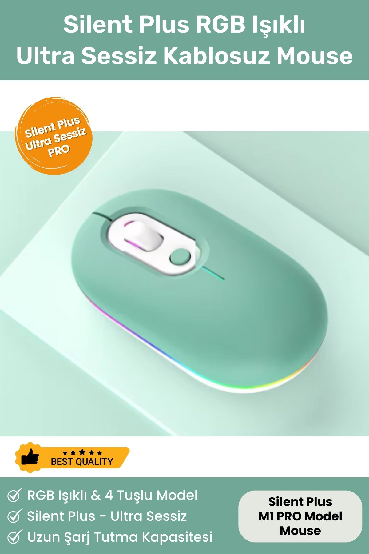 Silent PlusRGB Işıklı Ultra Sessiz 4 Tuşlu USB 2.4G Uyumlu Şarjlı Kablosuz Wireless Bluetooth  Mouse