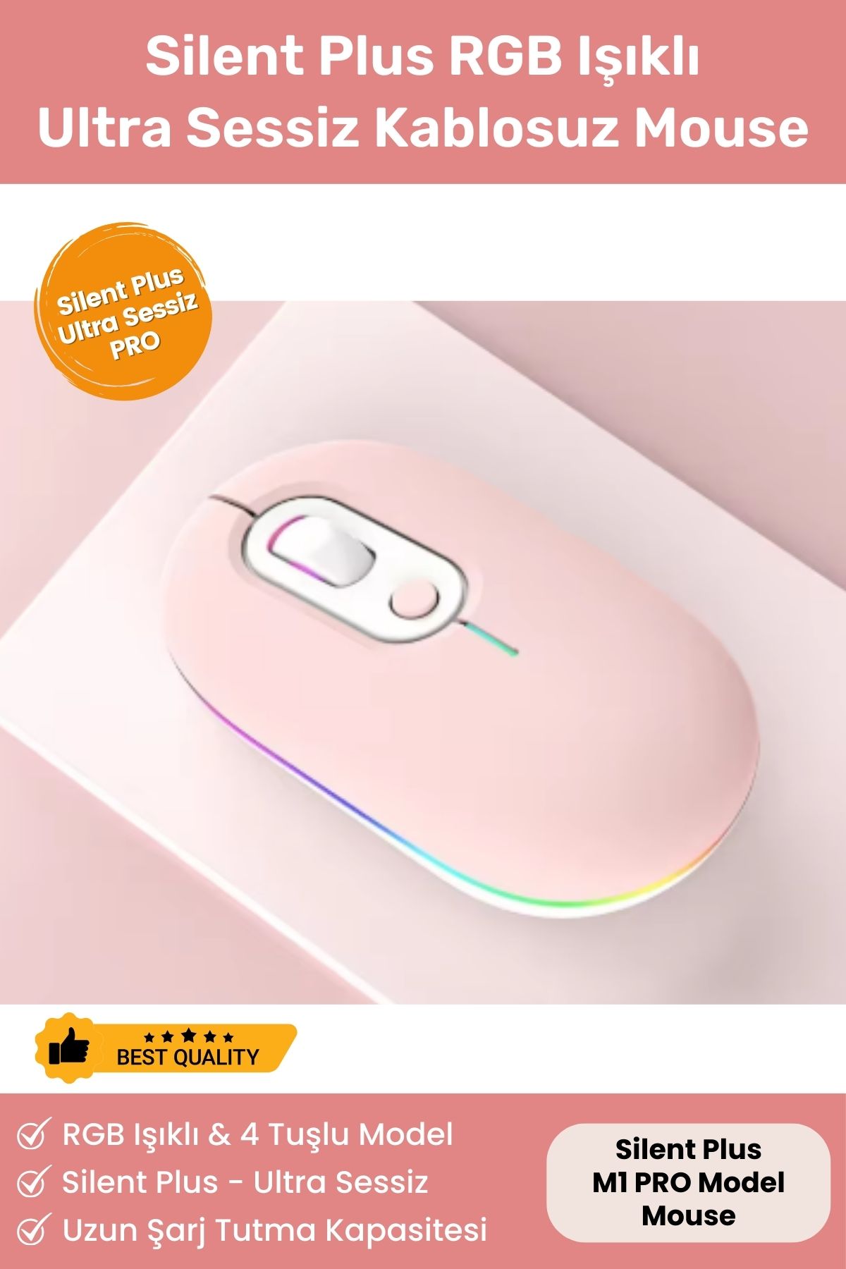 Silent Plus RGB Işıklı Ultra Sessiz 4 Tuşlu USB 2.4G Şarjlı Kablosuz Wireless Bluetooth M1 Mouse