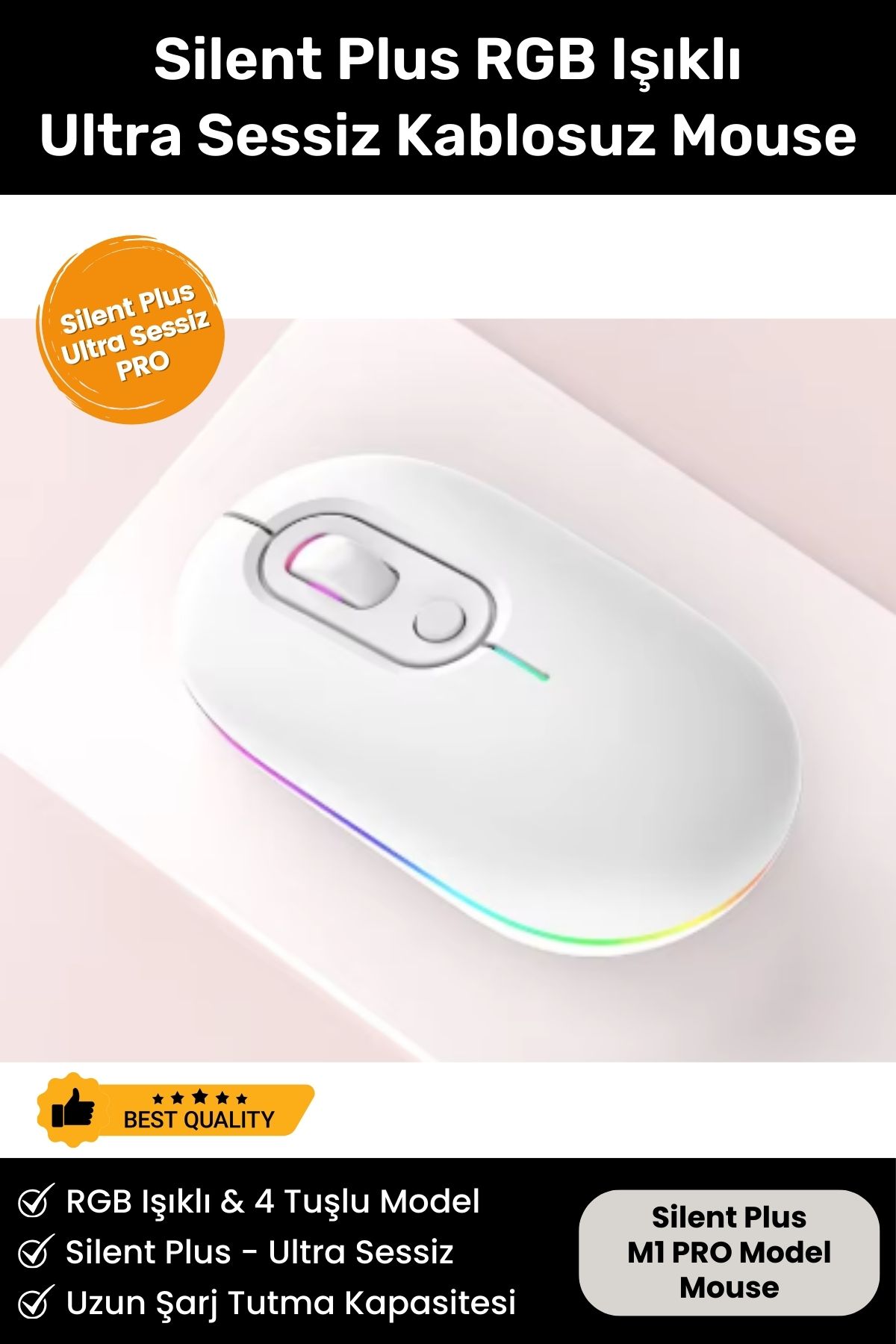 Silent Plus RGB Işıklı Ultra Sessiz 4 Tuşlu USB 2.4G Şarjlı Kablosuz Wireless Bluetooth M1 Mouse