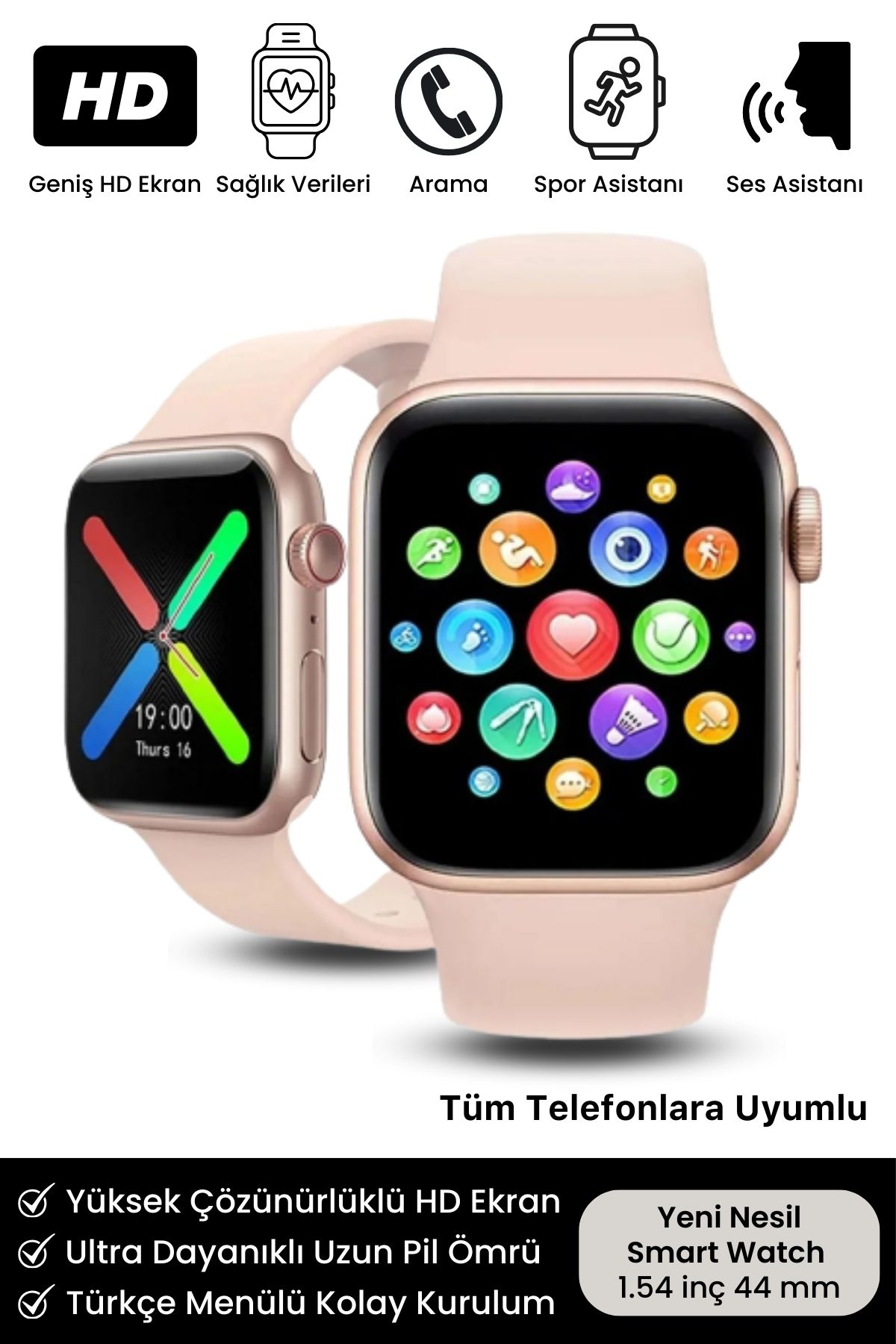 T500 Plus Yeni Seri Spor Sağlık Sensörlü Ios Android Uyumlu Nabız Tansiyon Ölçer Akıllı Saat Pembe