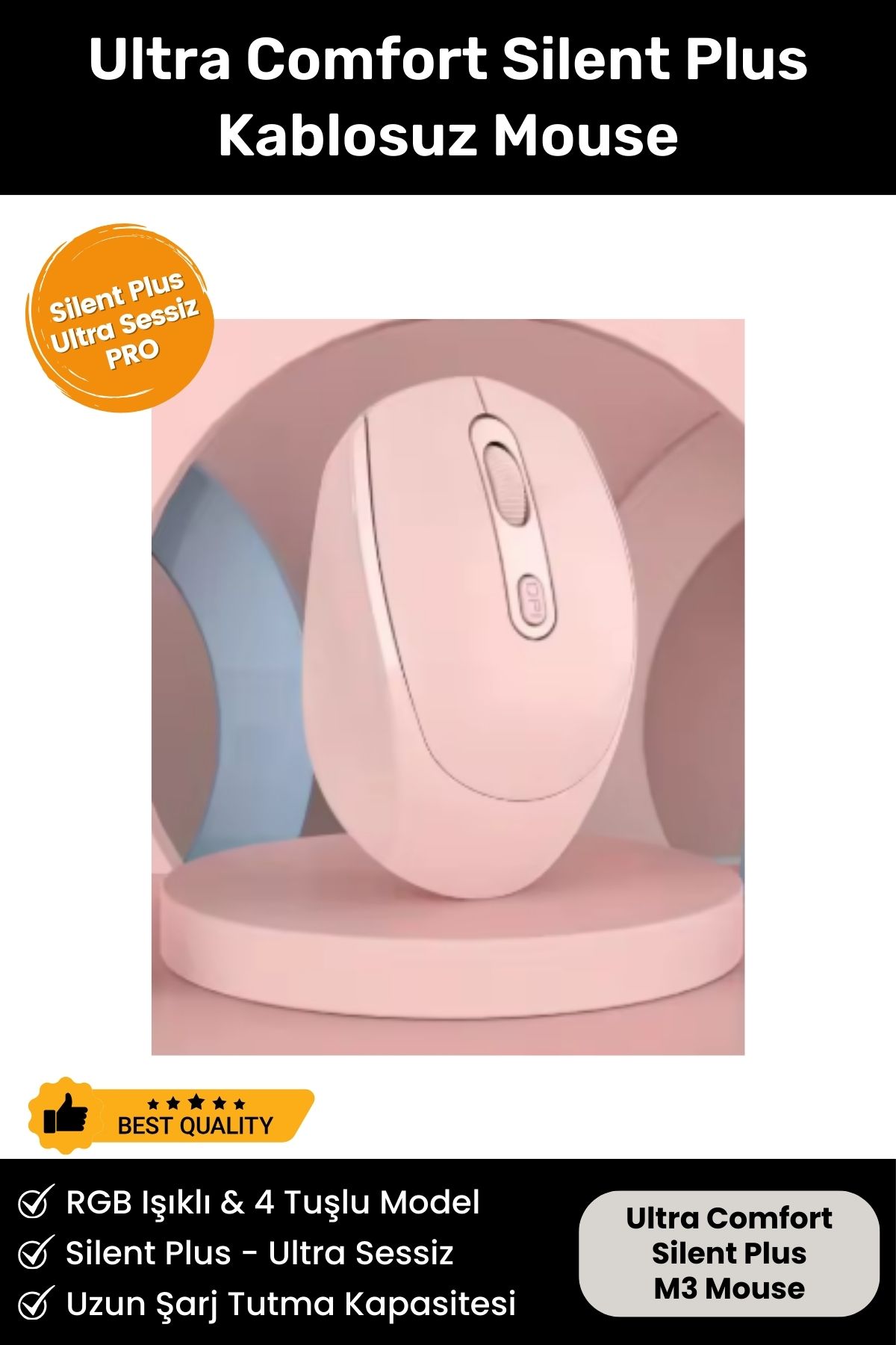 Ultra Comfort Silent Plus Yüksek Hassasiyetli 4 Tuşlu 2.4G Kablosuz Bluetooth M3 Mouse Uyumlu