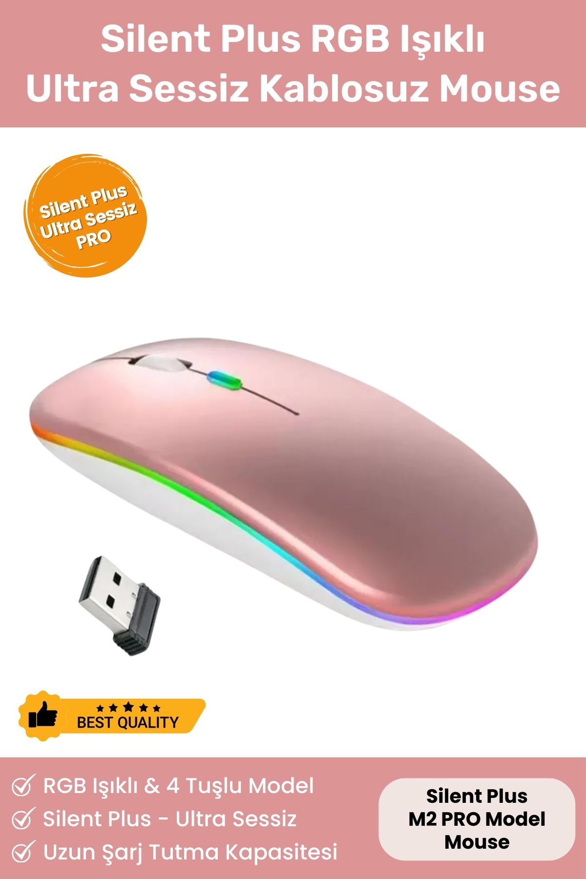Silent Plus RGB Işıklı Ultra Hafif Konfor Modeli 4 Tuşlu 2.4G Kablosuz Wireless Bluetooth M2 Mouse