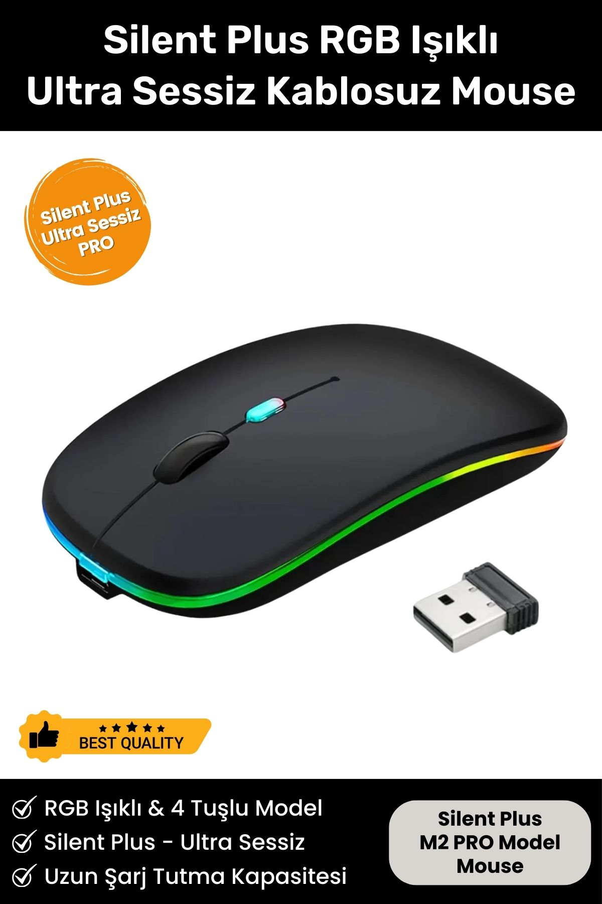 Silent Plus RGB Işıklı Ultra Hafif Konfor Modeli 4 Tuşlu 2.4G Kablosuz Wireless Bluetooth M2 Mouse