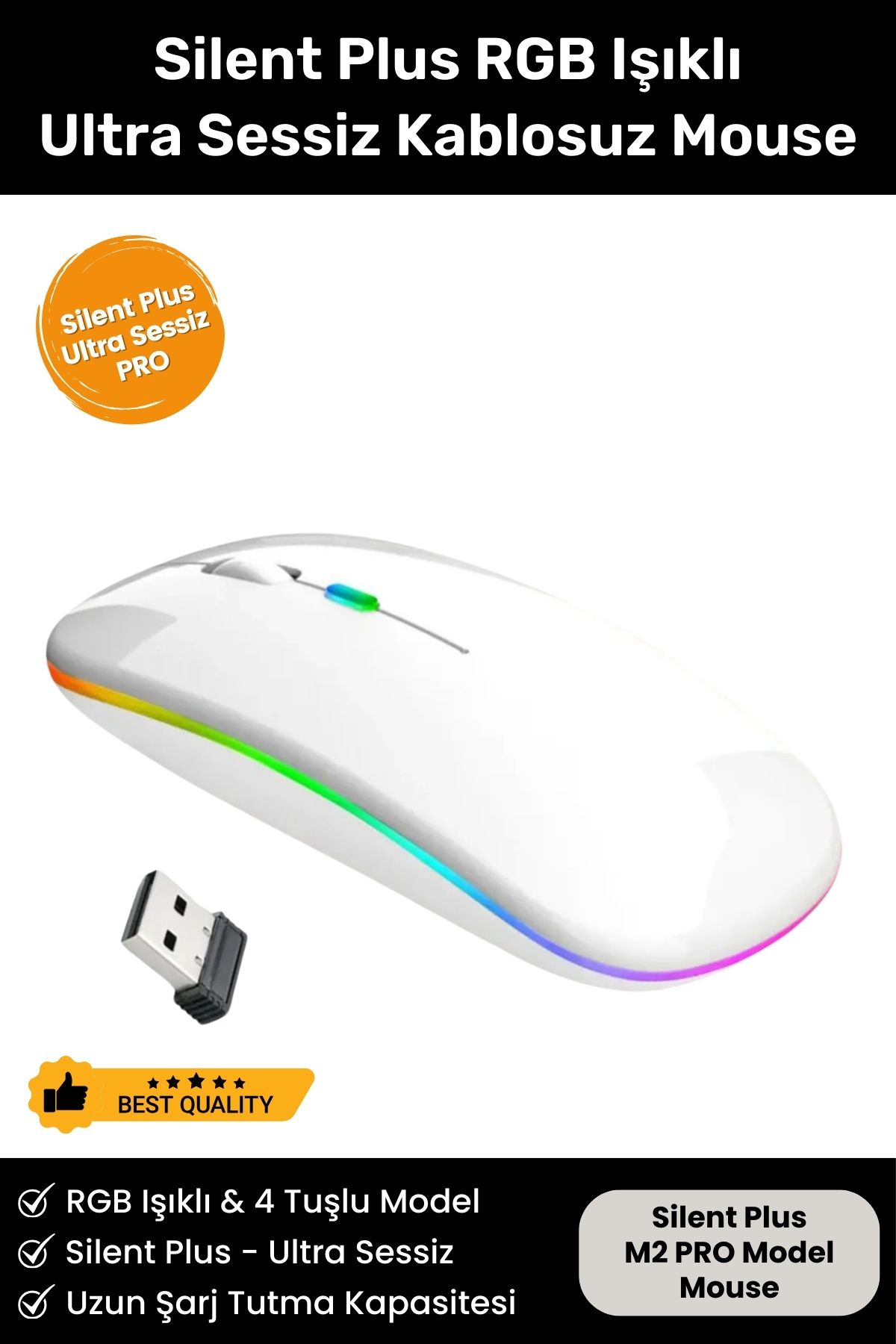 Silent Plus RGB Işıklı Ultra Hafif Konfor Modeli 4 Tuşlu 2.4G Kablosuz Wireless Bluetooth M2 Mouse
