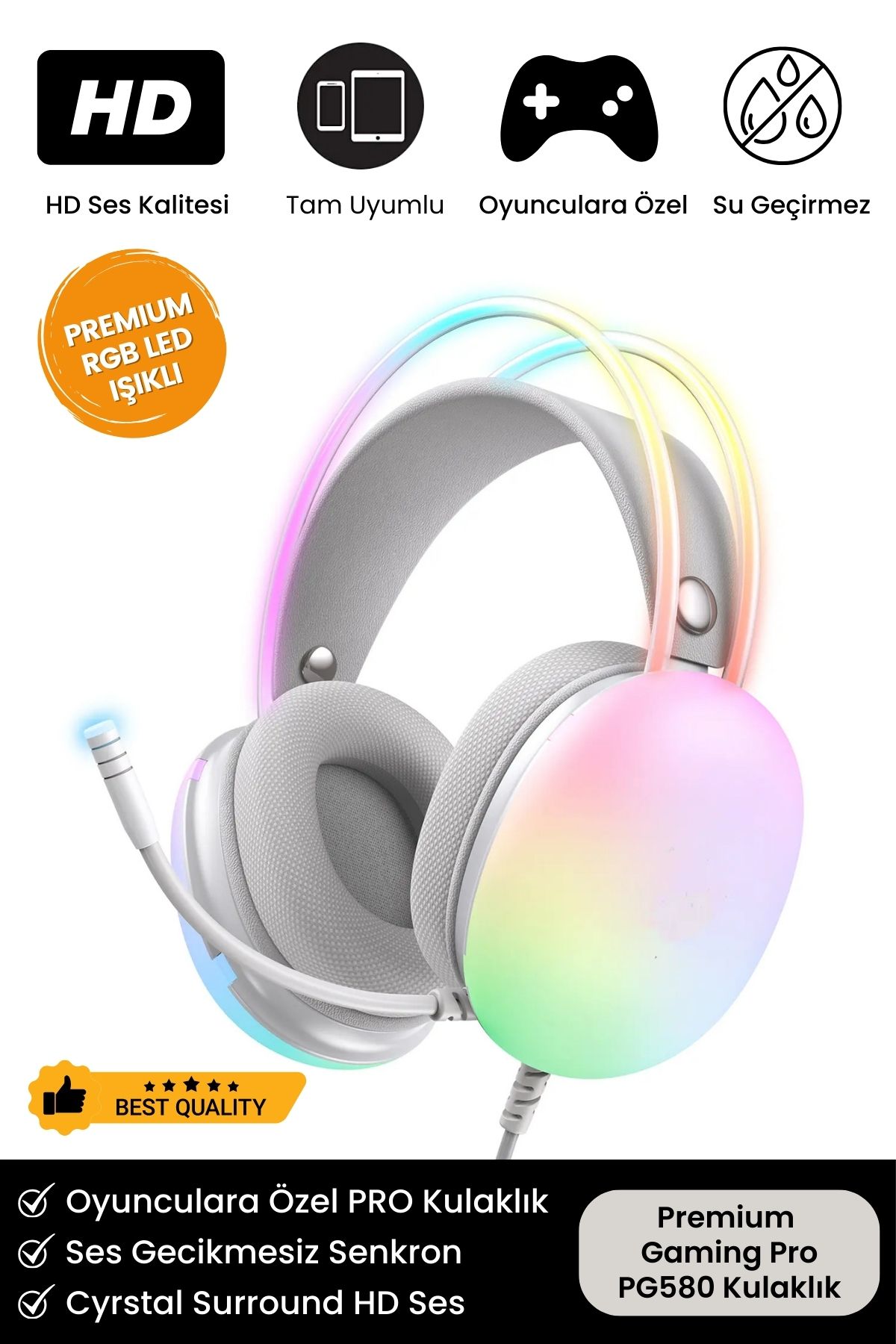 PG 580 Pro Gaming Premium Mikrofonlu RGB LED Işıklı 5.3 Bluetooth Kablosuz Kafa Üstü Oyuncu Kulaklık