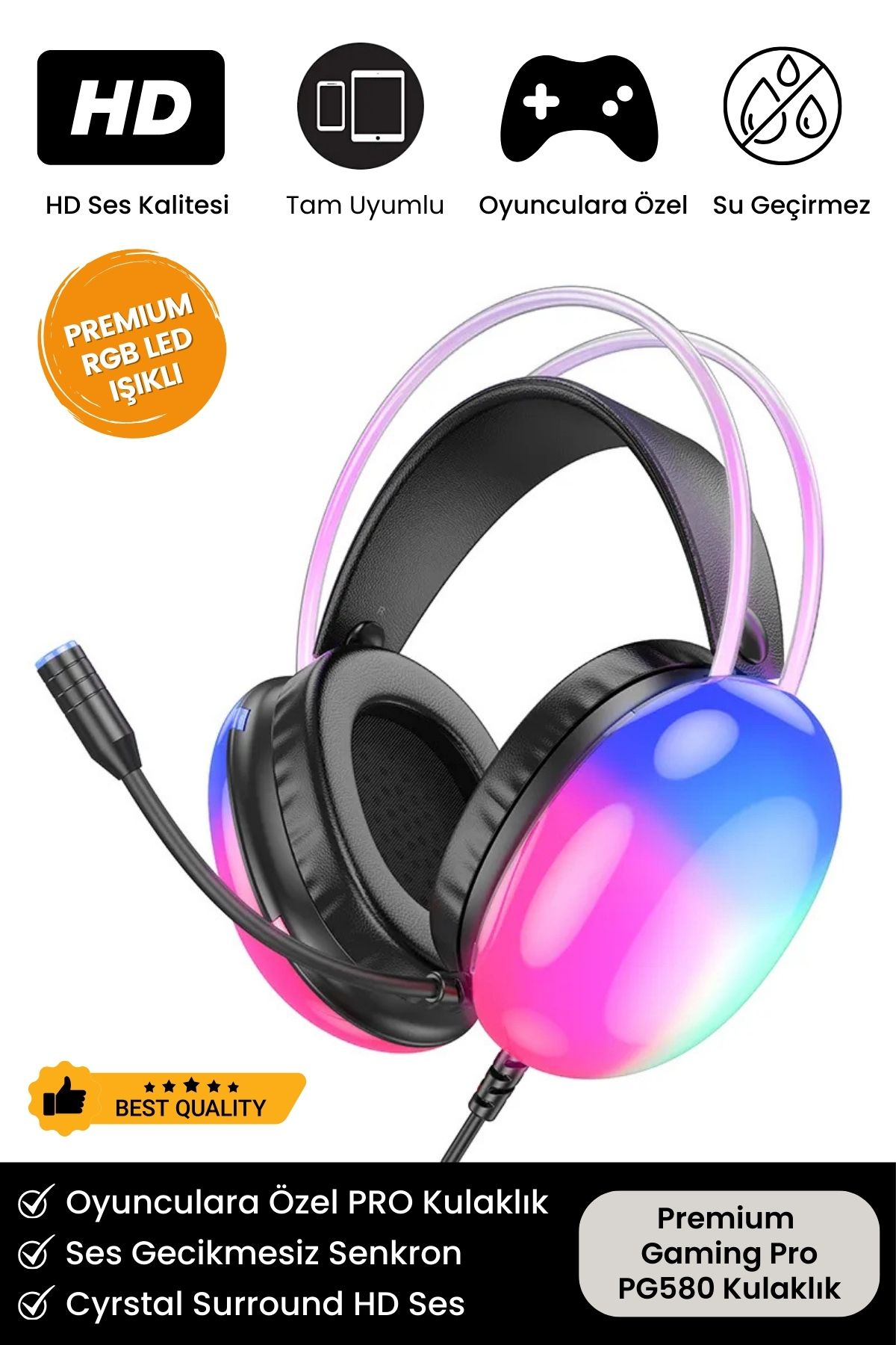 PG 580 Pro Gaming Premium Mikrofonlu RGB LED Işıklı 5.3 Bluetooth Kablosuz Kafa Üstü Oyuncu Kulaklık