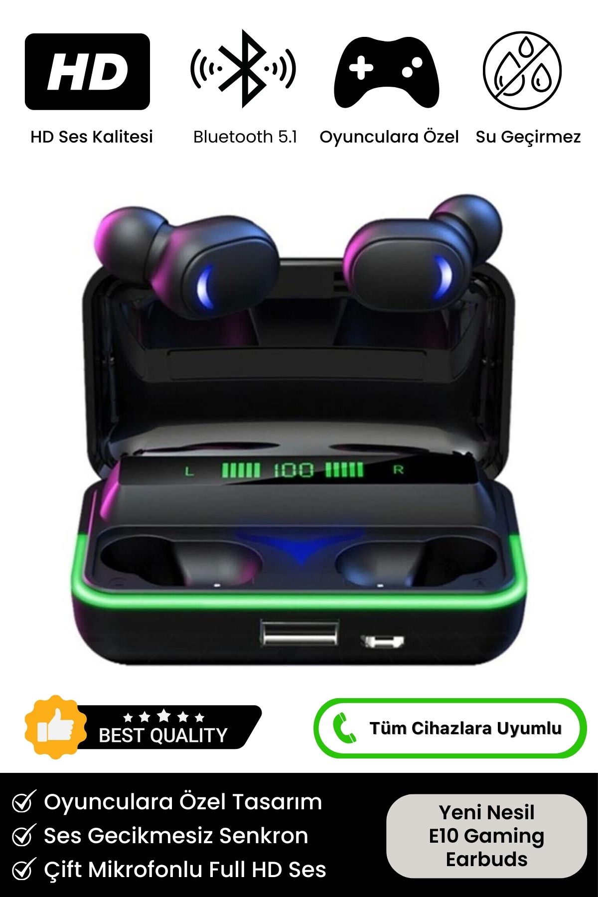 E10 Hd Ses Rgb Işıklı Çift Mikrofonlu 1200 Mah Powerbanklı Oyuncu Kablosuz 5.1 Blutooth Kulaklık