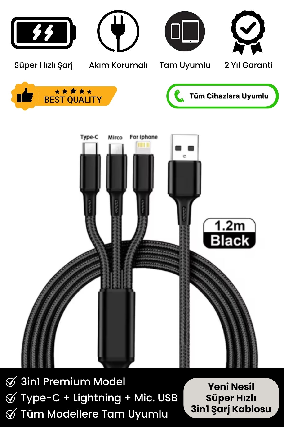 Süper Hızlı 3in1 Turbo ve Hızlı Şarj Destekli Micro + Type-C + Lightning 3 Uçlu Premium Şarj Kablosu