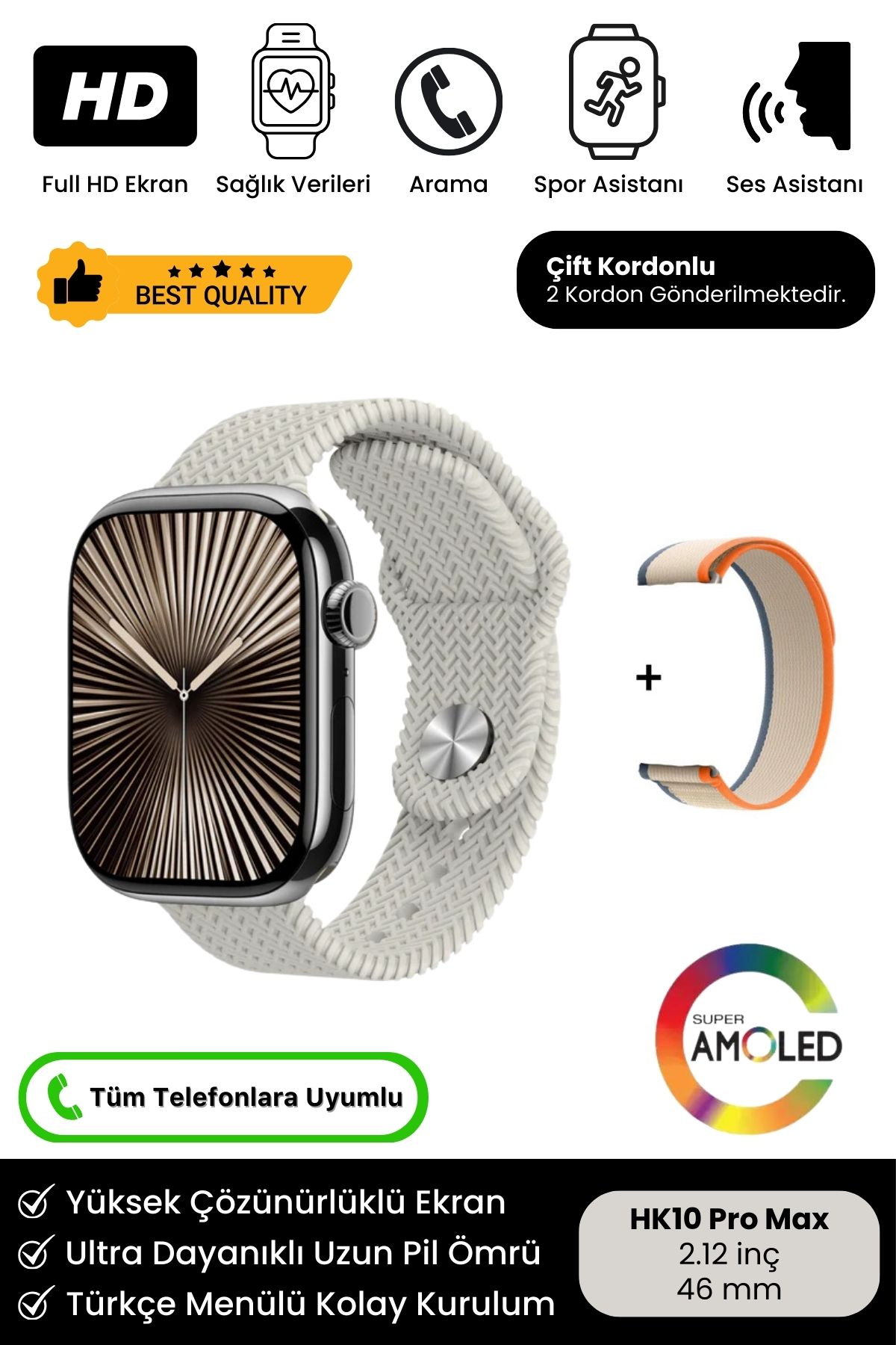 Yeni Nesil Watch 10 Amoled Full HD Ekran Yapay Zeka iOS Android Uyumlu HK10 Pro Max Akıllı Saat