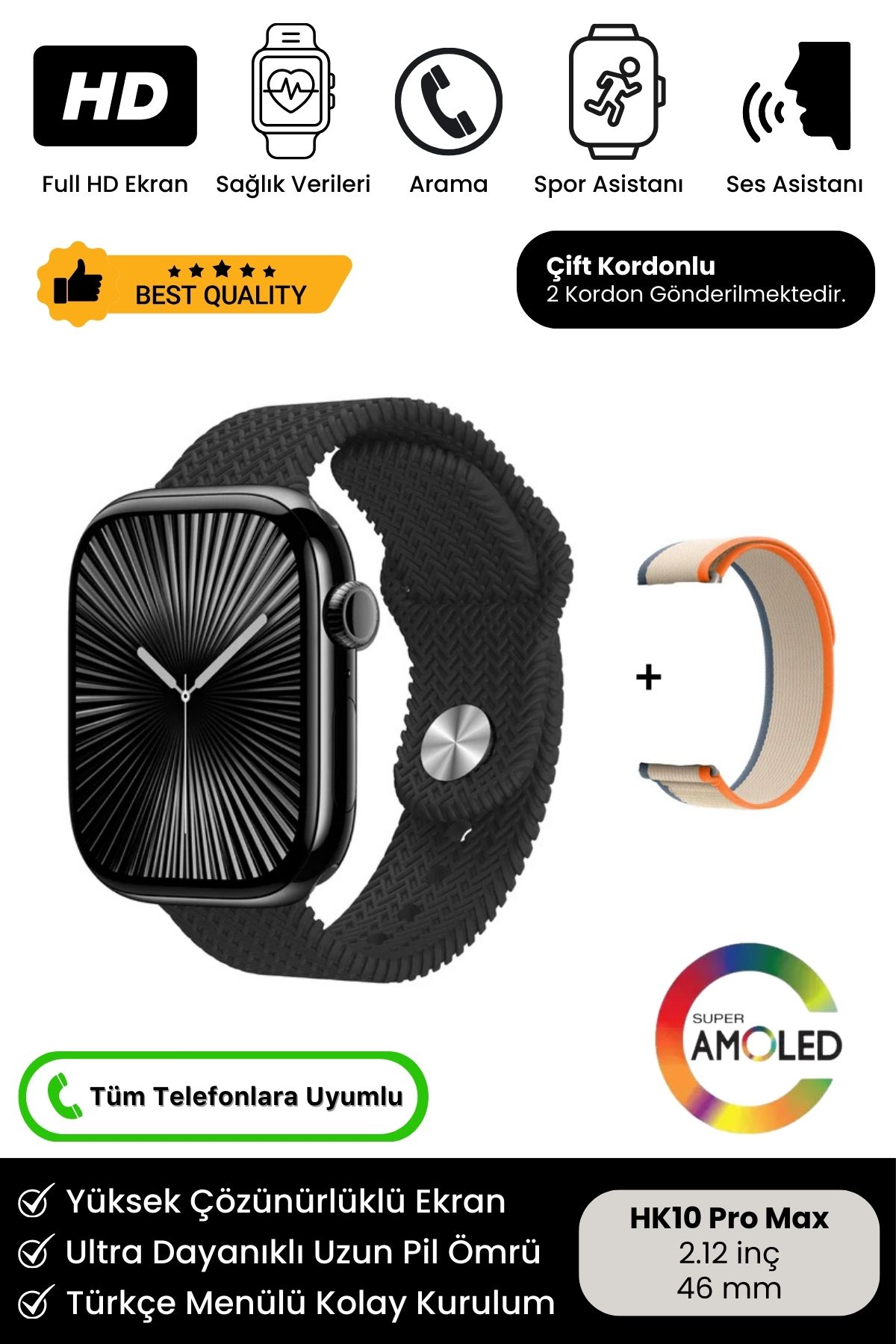 Yeni Nesil Watch 10 Amoled Full HD Ekran Yapay Zeka iOS Android Uyumlu HK10 Pro Max Akıllı Saat