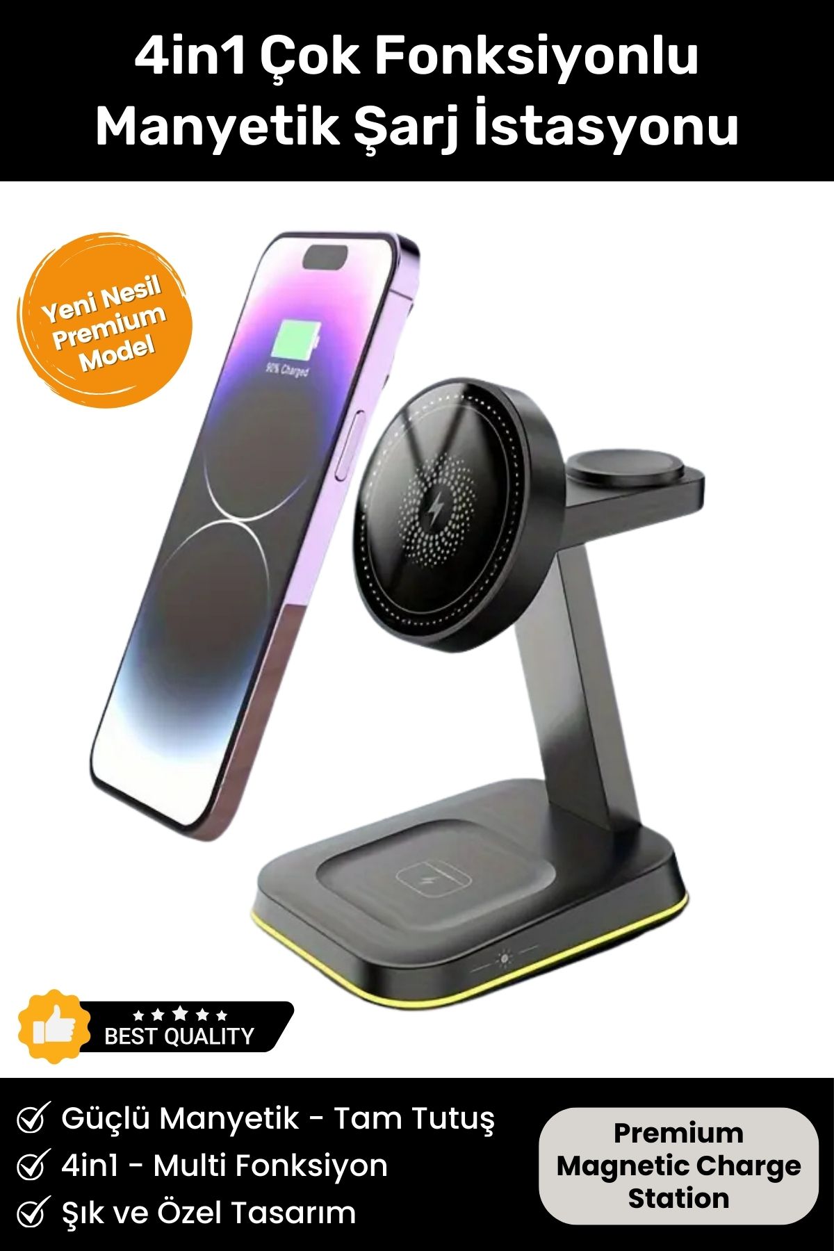 4in1 Çok Fonksiyonlu Manyetik Kablosuz Şarj İstasyonu iPhone iOS Android Uyumlu Wireless Şarj Standı