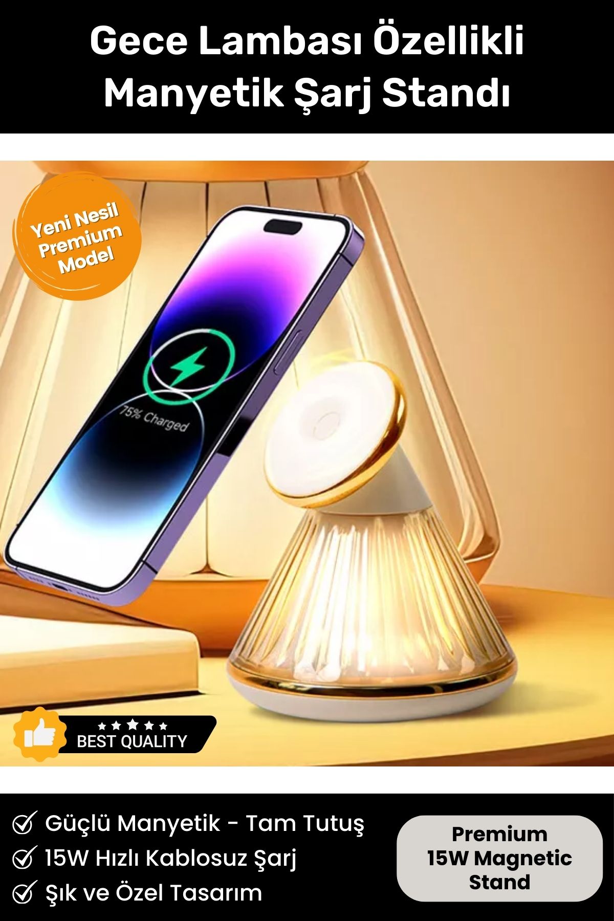 Premium 15W Manyetik Hızlı Wireless Kablosuz Şarj Standı Gece Lambalı Apple iPhone Android Uyumlu