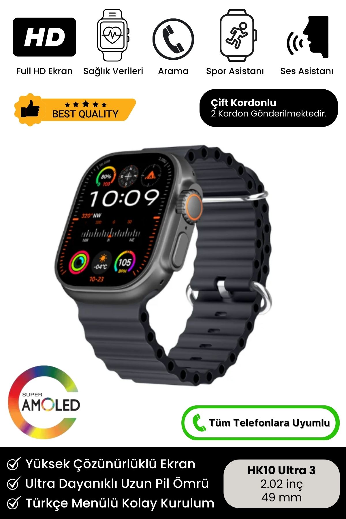 Yeni Nesil HK10 Ultra 3 Chat GPT Amoled HD Ekran Spor Sağlık Sensörlü iOS Android Uyumlu Akıllı Saat