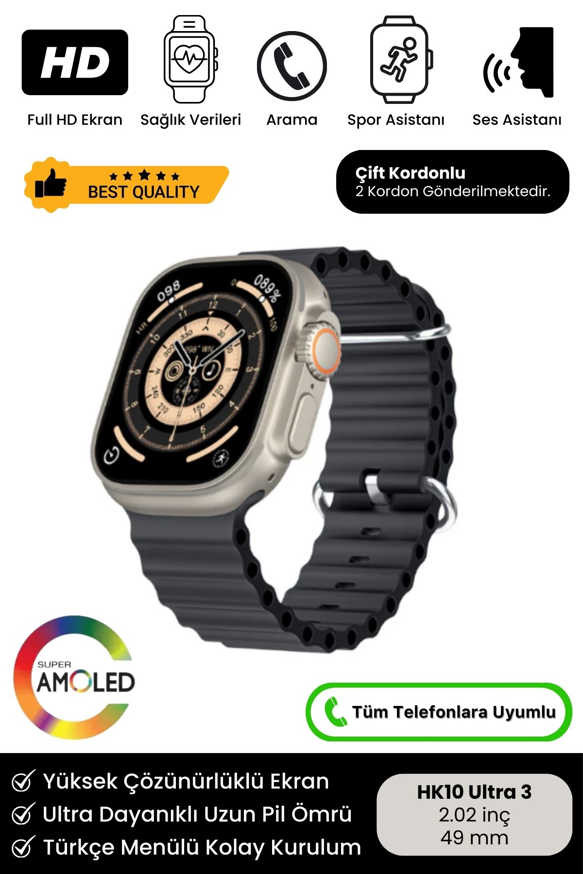 Yeni Nesil HK10 Ultra 3 Chat GPT Amoled HD Ekran Spor Sağlık Sensörlü iOS Android Uyumlu Akıllı Saat
