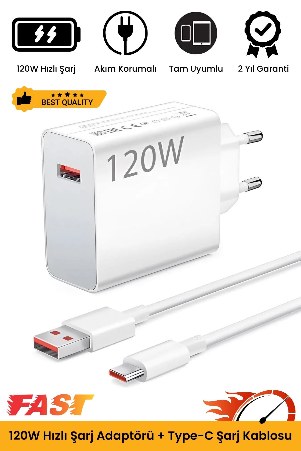 Premium Ultra Hızlı 120W Hızlı Şarj Seti Adaptör + Type C Kablosu Tüm Telefonlara Uyumlu Şarj Cihazı