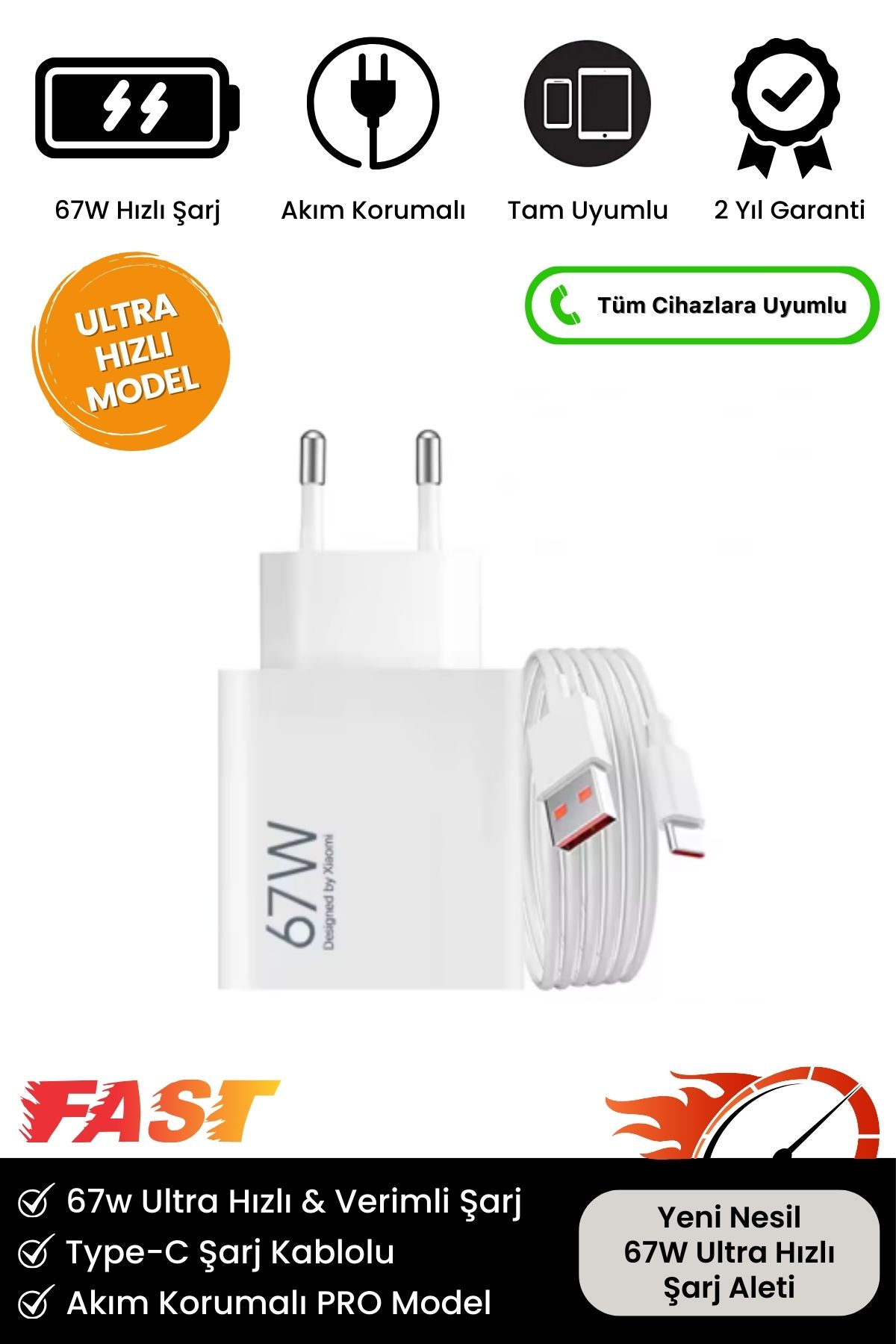 Yeni Nesil 67w Ultra Hızlı Şarj Seti Adaptör Type C Kablosu Iphone Realme Opo Vb. Uyumlu