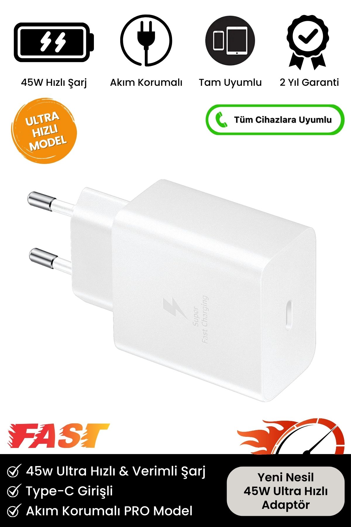 Yeni Nesil 45W Ultra Hızlı Şarj Adaptörü Başlığı Tüm Telefonlara Uyumlu Type-C Hızlı Güç Adaptör