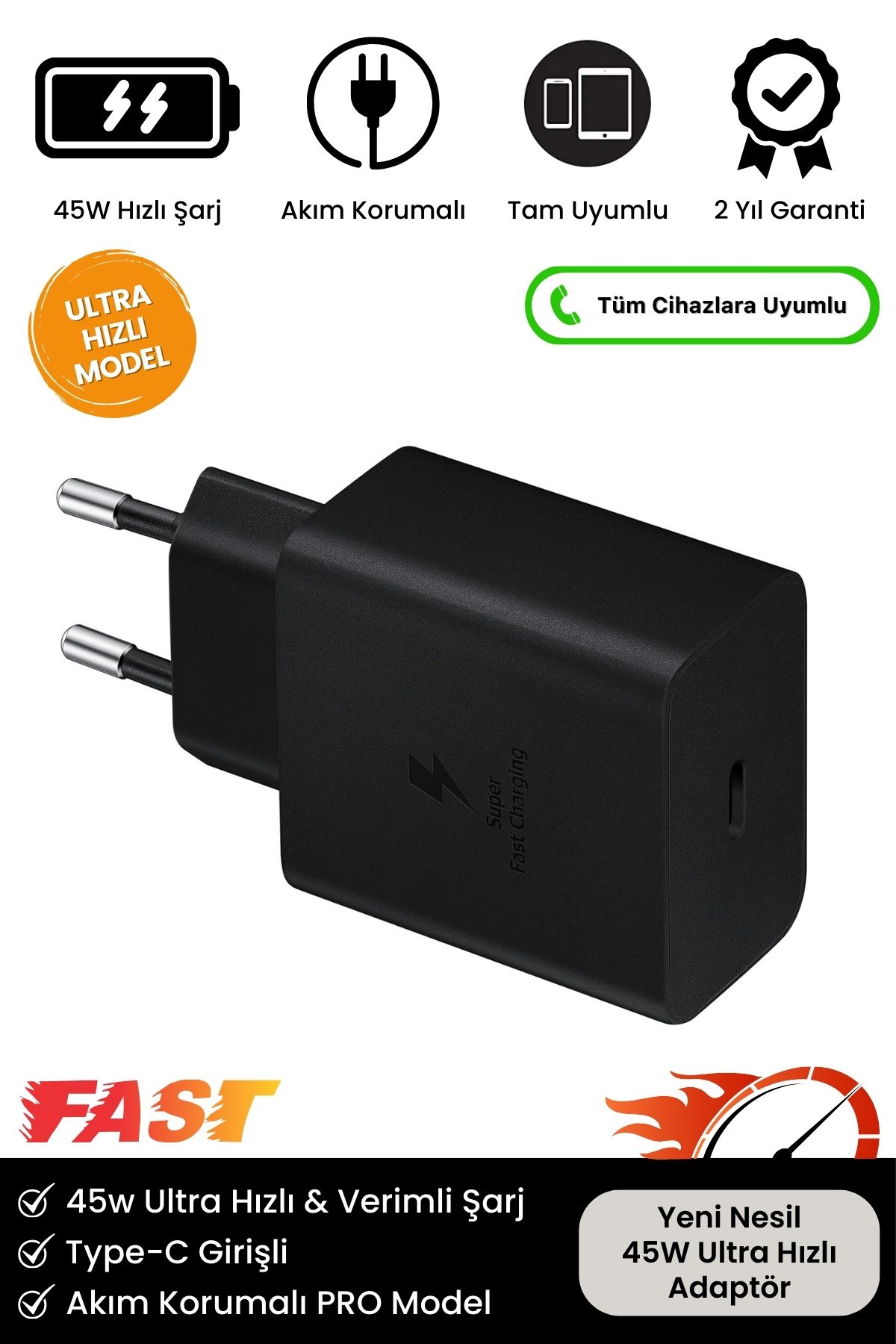Yeni Nesil 45W Ultra Hızlı Şarj Adaptörü Başlığı Tüm Telefonlara Uyumlu Type-C Hızlı Güç Adaptör