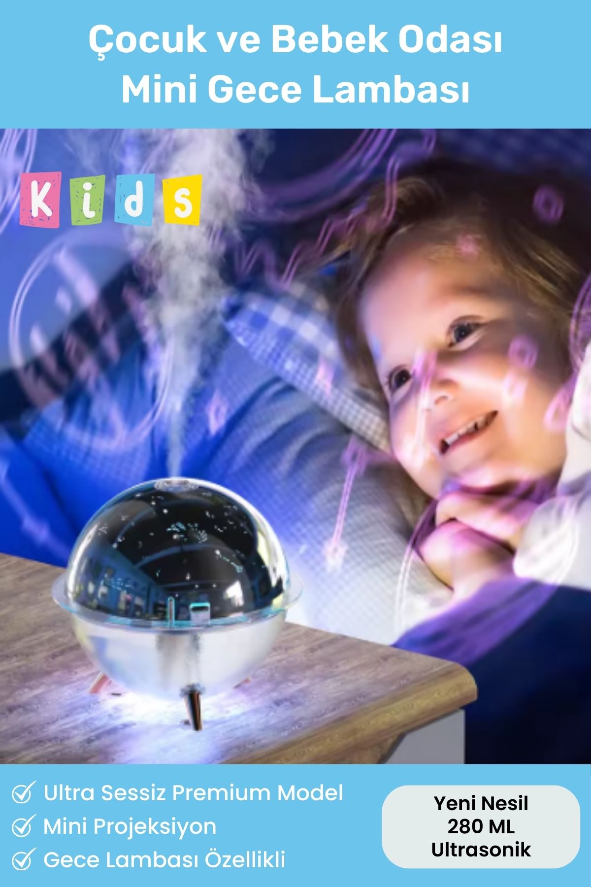 Yeni Nesil Hava Nemlendiricili Çocuk ve Bebek Odası Gece Lambası Mini Projeksiyon Hava Nemlendirici