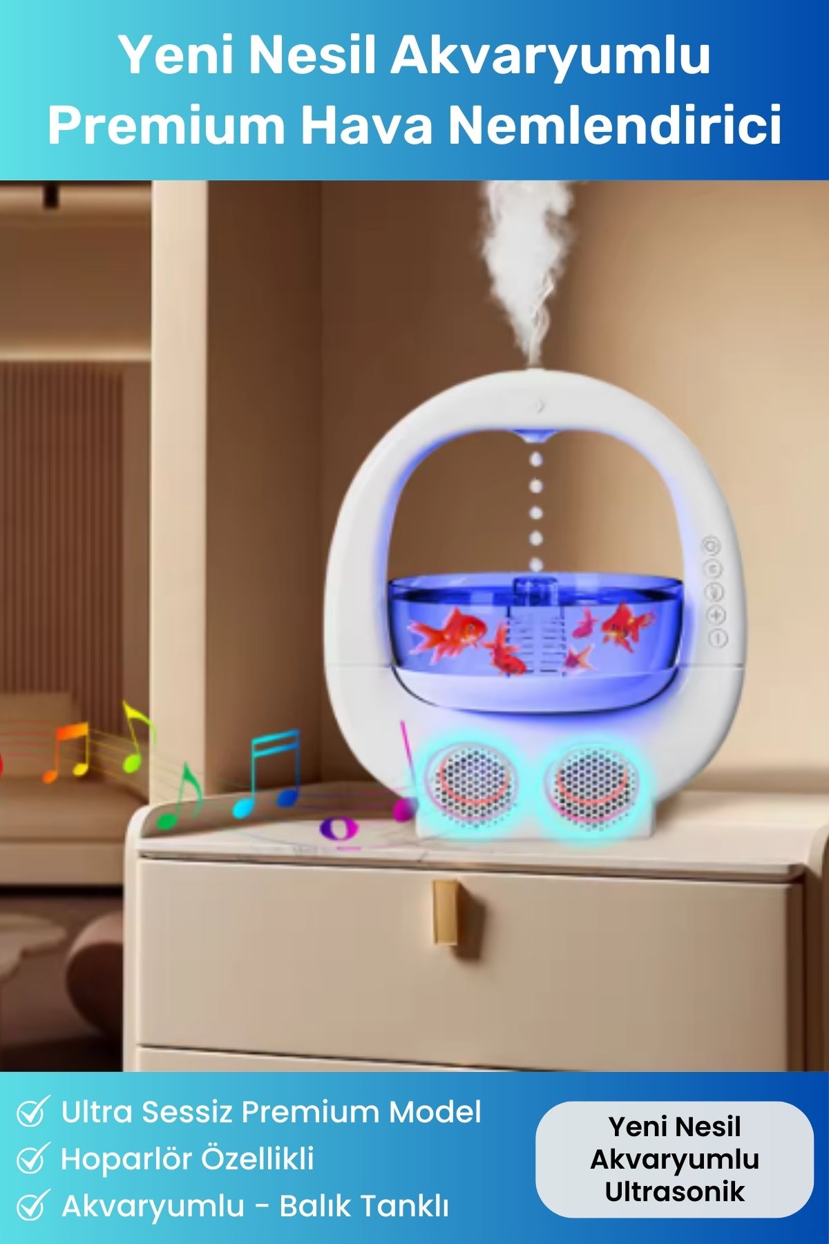 Akvaryumlu Balık Tanklı Bluetooth Hoparlörlü Hava Nemlendiricisi Işıklı Buhar Makinesi Aroma Difüzör