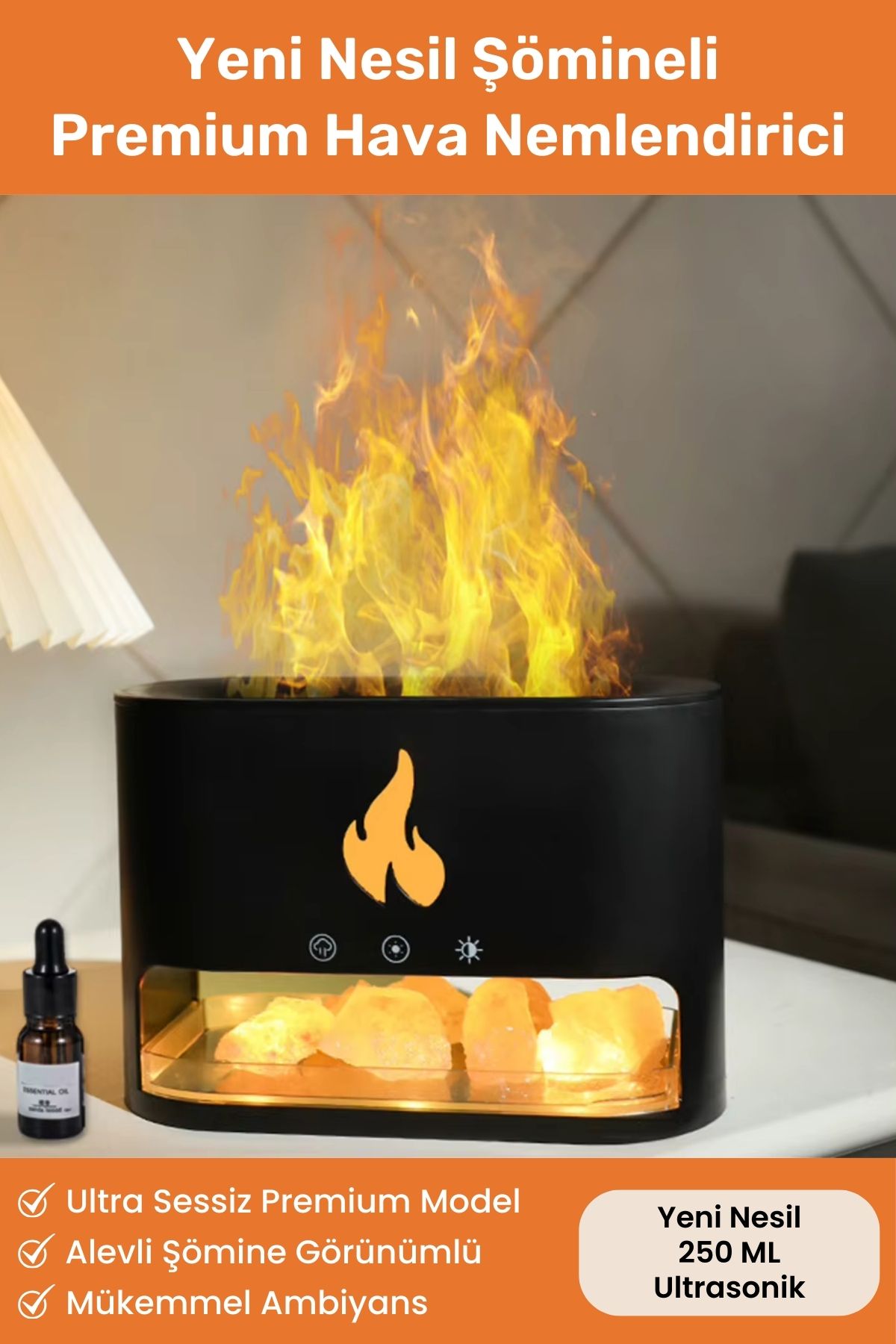 Yeni Nesil Alevli Şömine Hava Nemlendiricisi 250 ML Renkli Gece Işığı Buhar Makinesi Aroma Difüzör