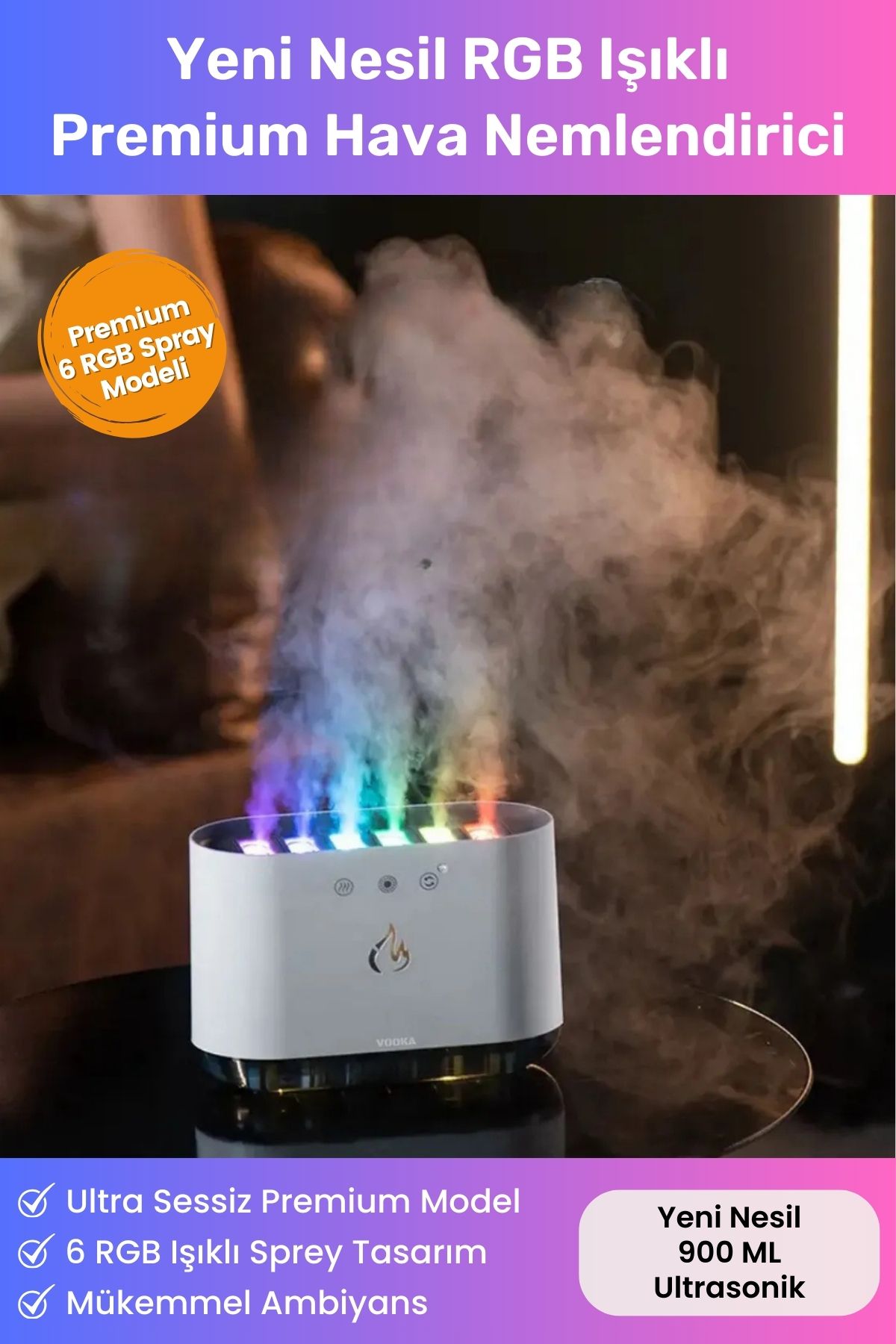 Sese Duyarlı Büyük 900 ML Ultrasonik Hava Nemlendirici 6 RGB Gece Işığı Buhar Makinesi Aroma Difüzör