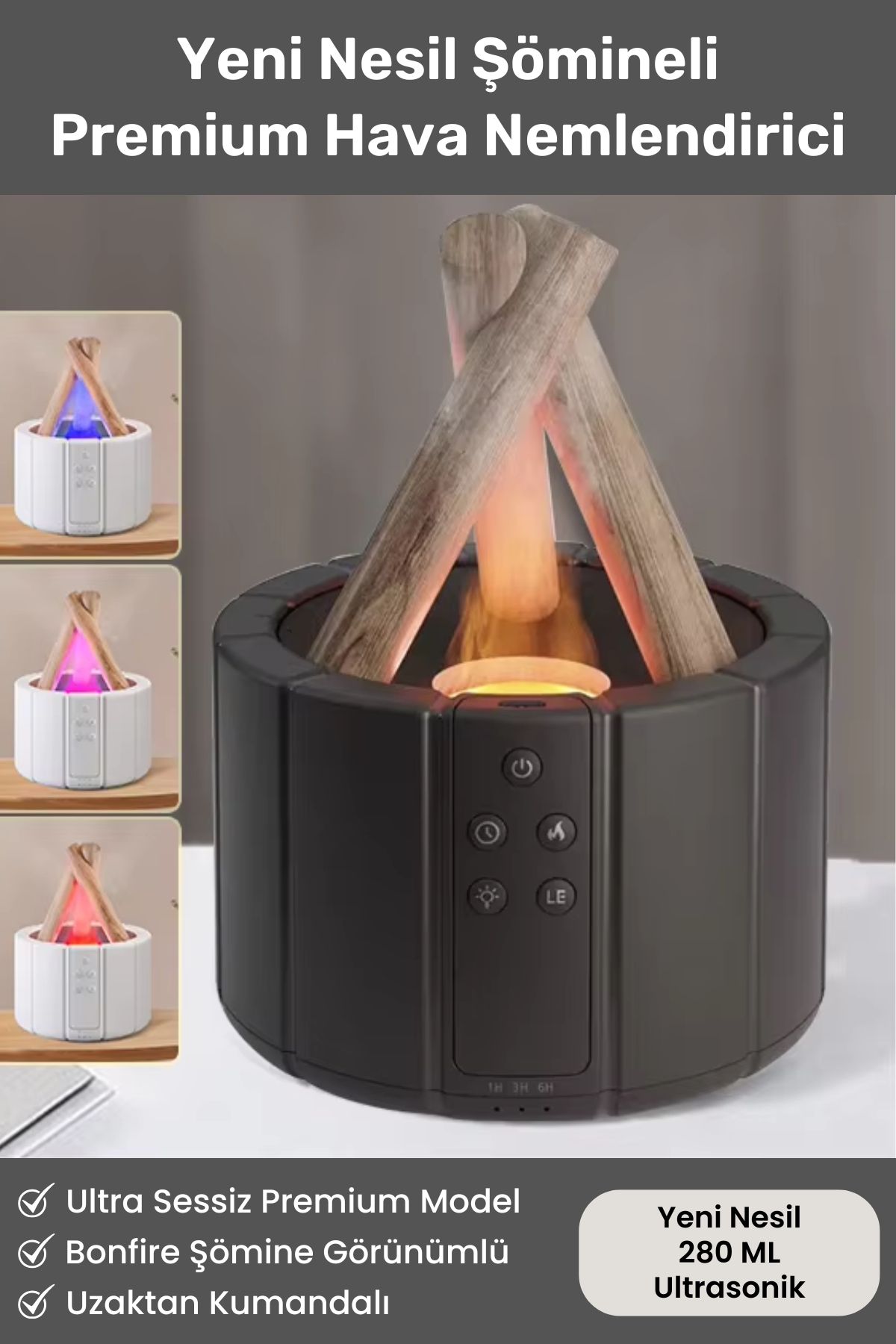 Yeni Nesil Bonfire Şömine Hava Nemlendiricisi 280 ML Renkli Gece Işığı Buhar Makinesi Aroma Difüzör
