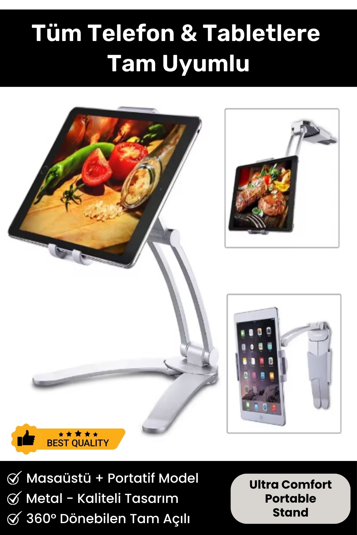 Çok Fonksiyonlu Portatif ve Masaüstü Tüm Telefon ve Tabletlere Uyumlu Metal Kasa Tutucu Stand Siyah