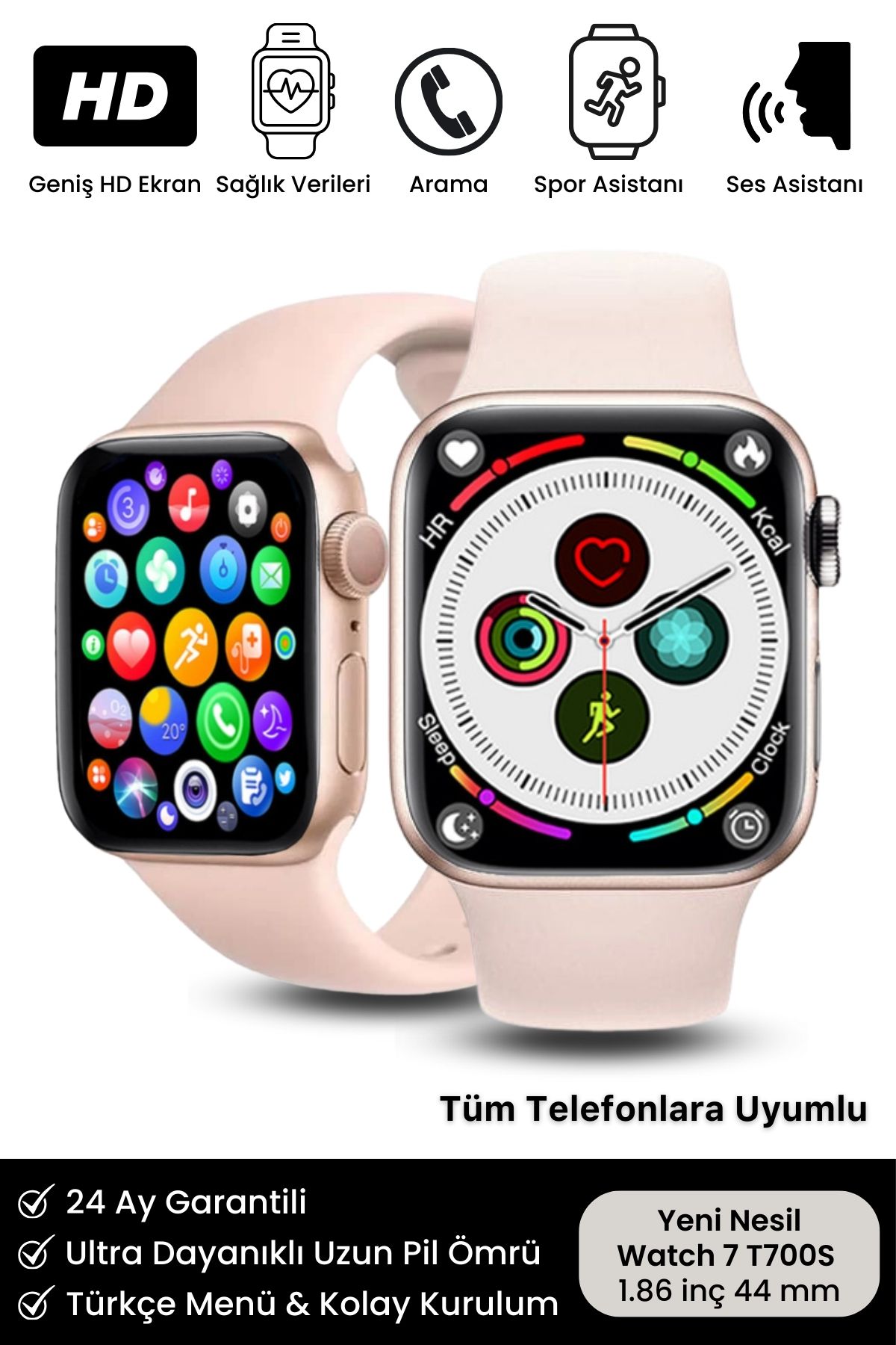 Yeni Nesil Watch 7 Spor Ve Sağlık Sensörlü iOS Android Uyumlu Bluetooth Aramalı Akıllı Saat Pembe