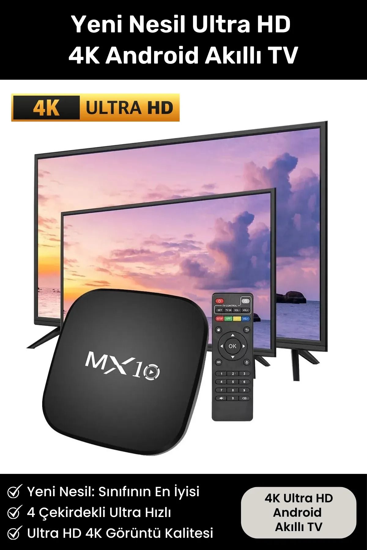 Yeni Nesil Ultra HD 4K Android Akıllı TV Box Stick 4 Çekirdek Hızlı İşlemci Smart Tv Medya Oynatıcı