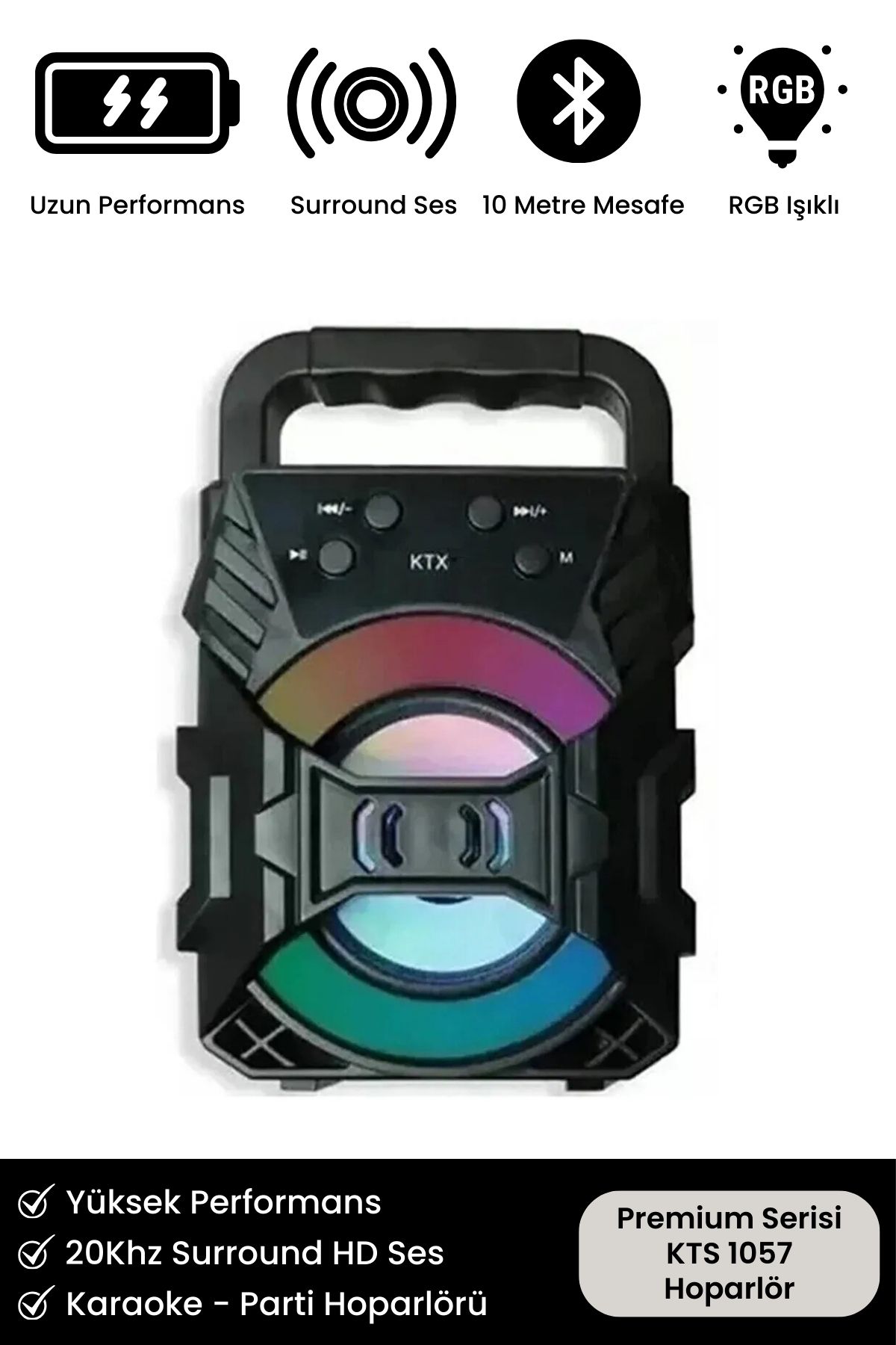 Premium Serisi HD Ses Bombası Parti Hoparlörü RGB Işıklı Kablosuz Bluetooth KTS 1057 Mini Hoparlör