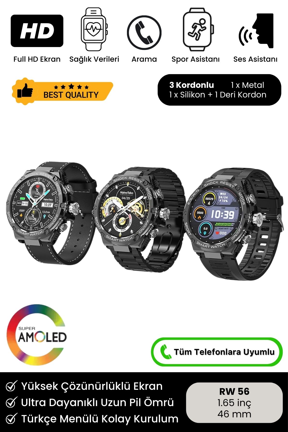 Yeni Nesil Super Amoled HD Ekran RW 56 3 Kordonlu Spor Sağlık Sensör iOS Android Uyumlu Akıllı Saat