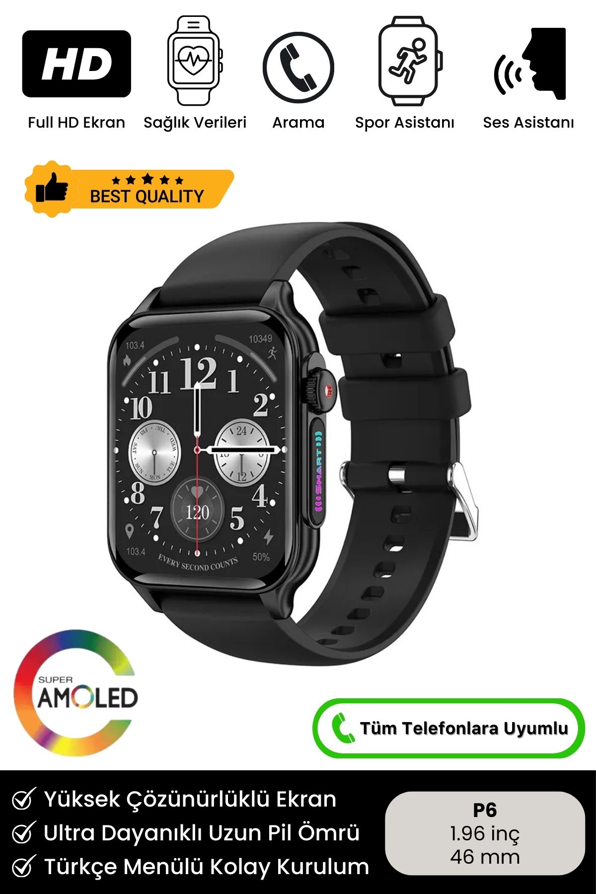 Premium Serisi New Design P6 Fitness Spor Sağlık Sensörlü iOS Android Uyumlu Watch Siyah Akıllı Saat