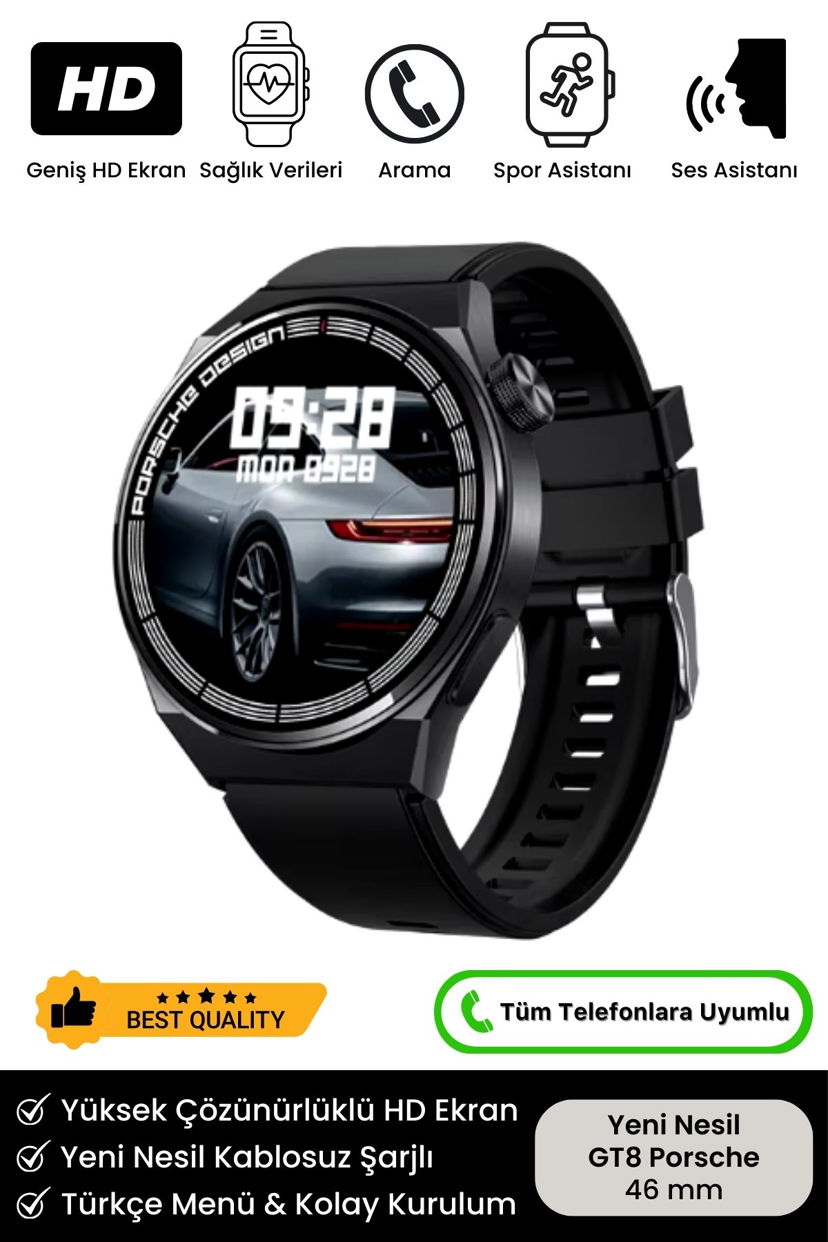 Premium Serisi GT8 Porsche Kablosuz Şarj Kordon Hediyeli Babalar Günü Hediyesi Bluetooth Akıllı Saat