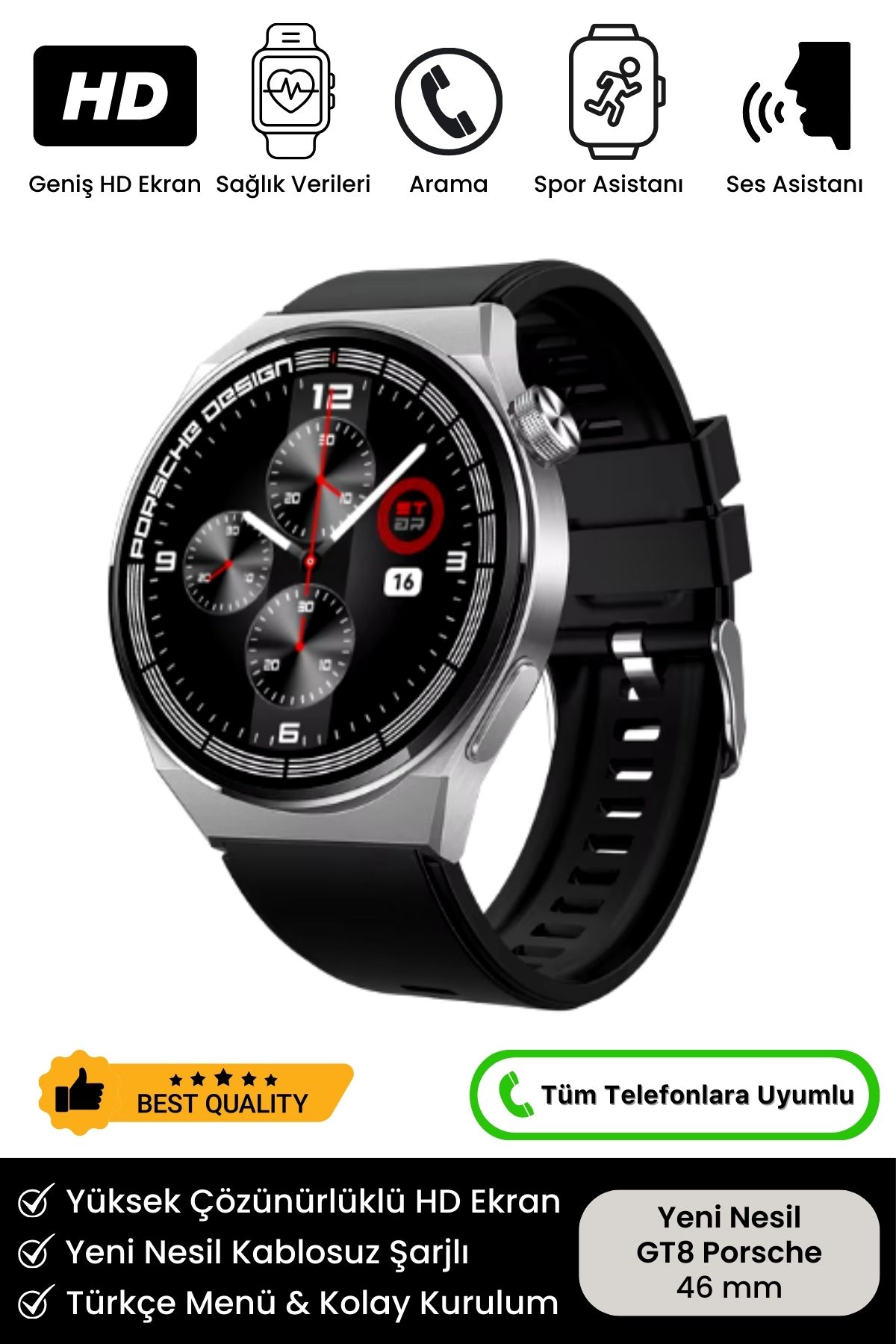 Premium Serisi GT8 Porsche Kablosuz Şarj Kordon Hediyeli Babalar Günü Hediyesi Bluetooth Akıllı Saat