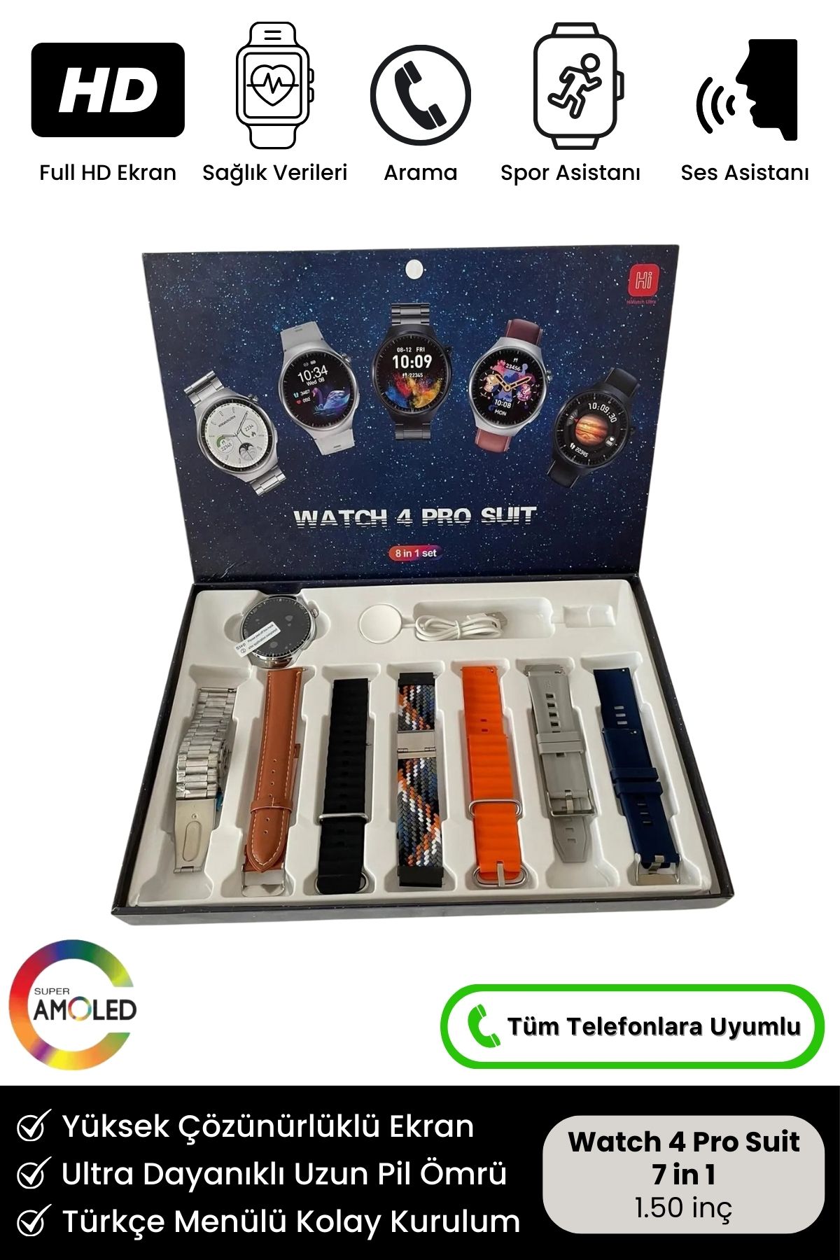 Yeni Nesil Watch 4 Pro Suit 7 Kordon Hediyeli Spor Sağlık Sensörlü iOS Android Uyumlu Akıllı Saat