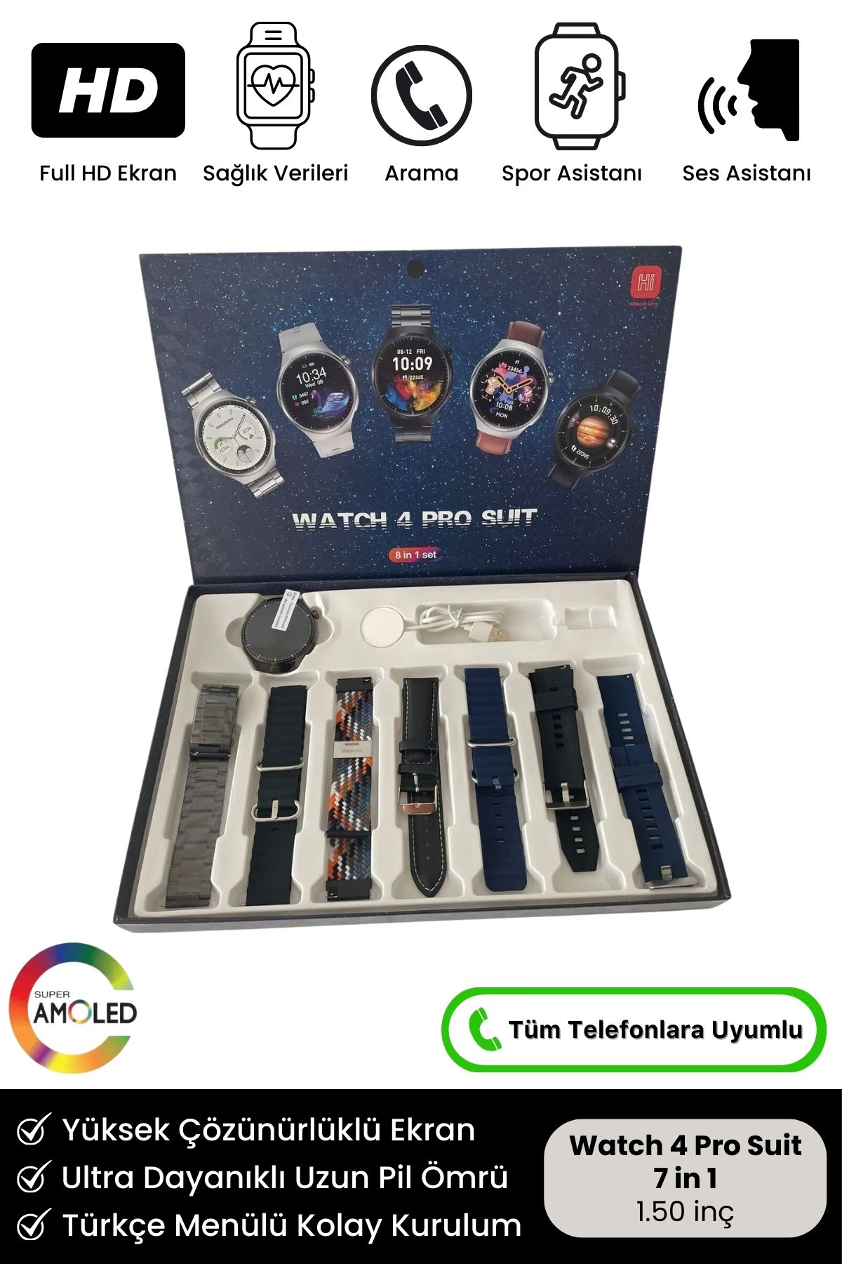 Yeni Nesil Watch 4 Pro Suit 7 Kordon Hediyeli Spor Sağlık Sensörlü iOS Android Uyumlu Akıllı Saat