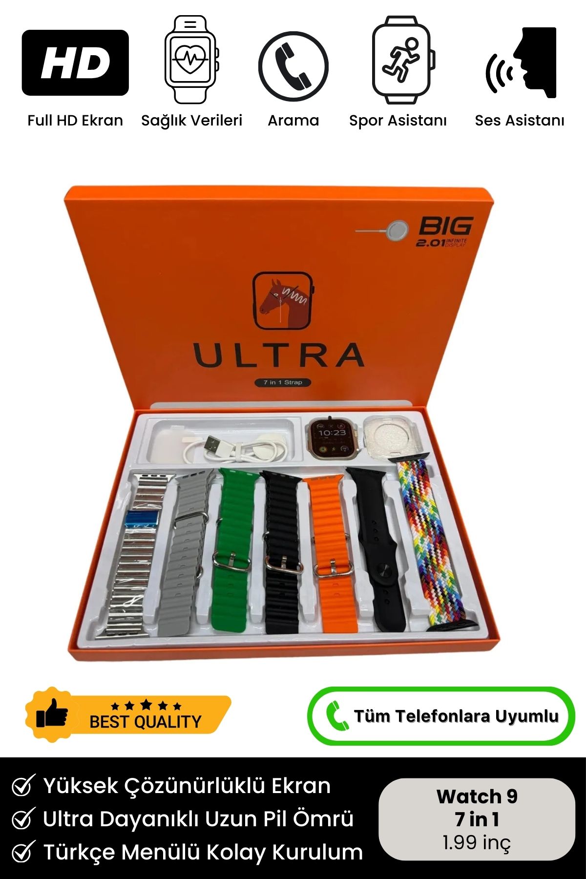 Yeni Nesil Watch 9 7 Kordon Hediyeli 7in1 Spor Sağlık Sensörlü iOS Android Uyumlu Smart Akıllı Saat