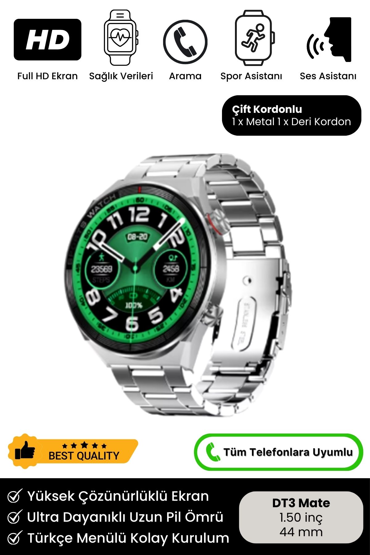 Yeni Nesil Premium IPS Tam HD Ekran Sesli Asistan NFC Çift Kordon Bluetooth DT3 Mate Akıllı Saat