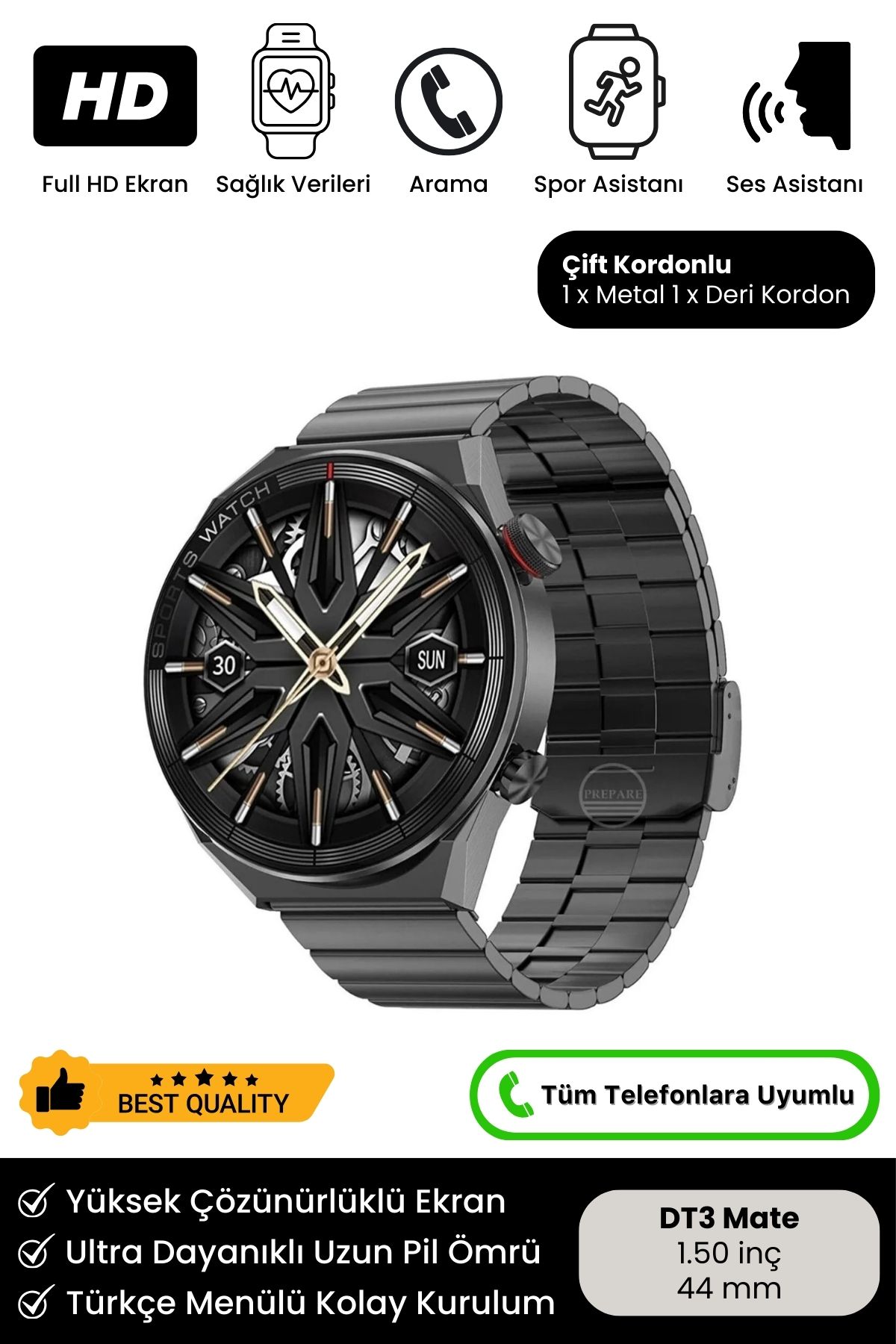 Yeni Nesil Premium IPS Tam HD Ekran Sesli Asistan NFC Çift Kordon Bluetooth DT3 Mate Akıllı Saat