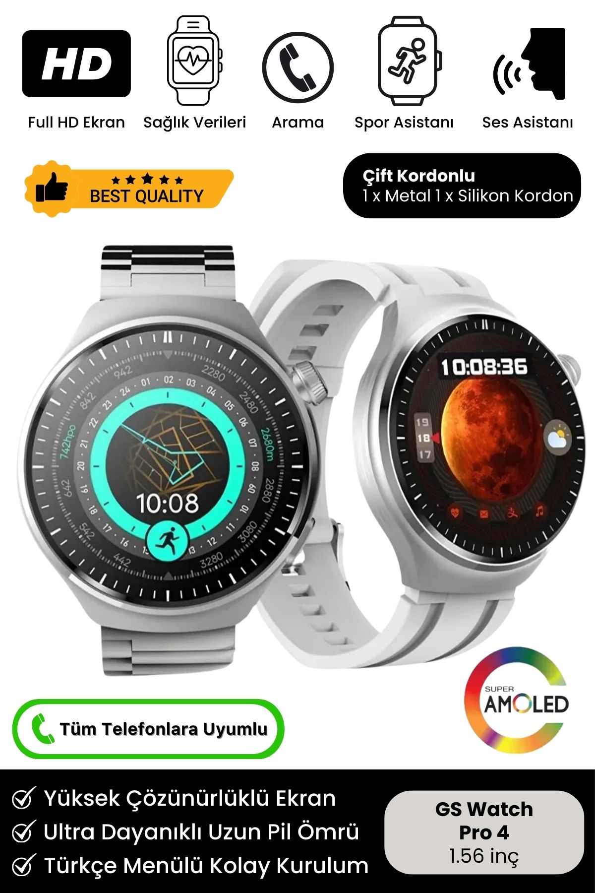 Yeni Nesil Super Amoled HD Ekran Gs Watch Pro 4 Spor Sağlık Sensörlü iOS Android Uyumlu Akıllı Saat
